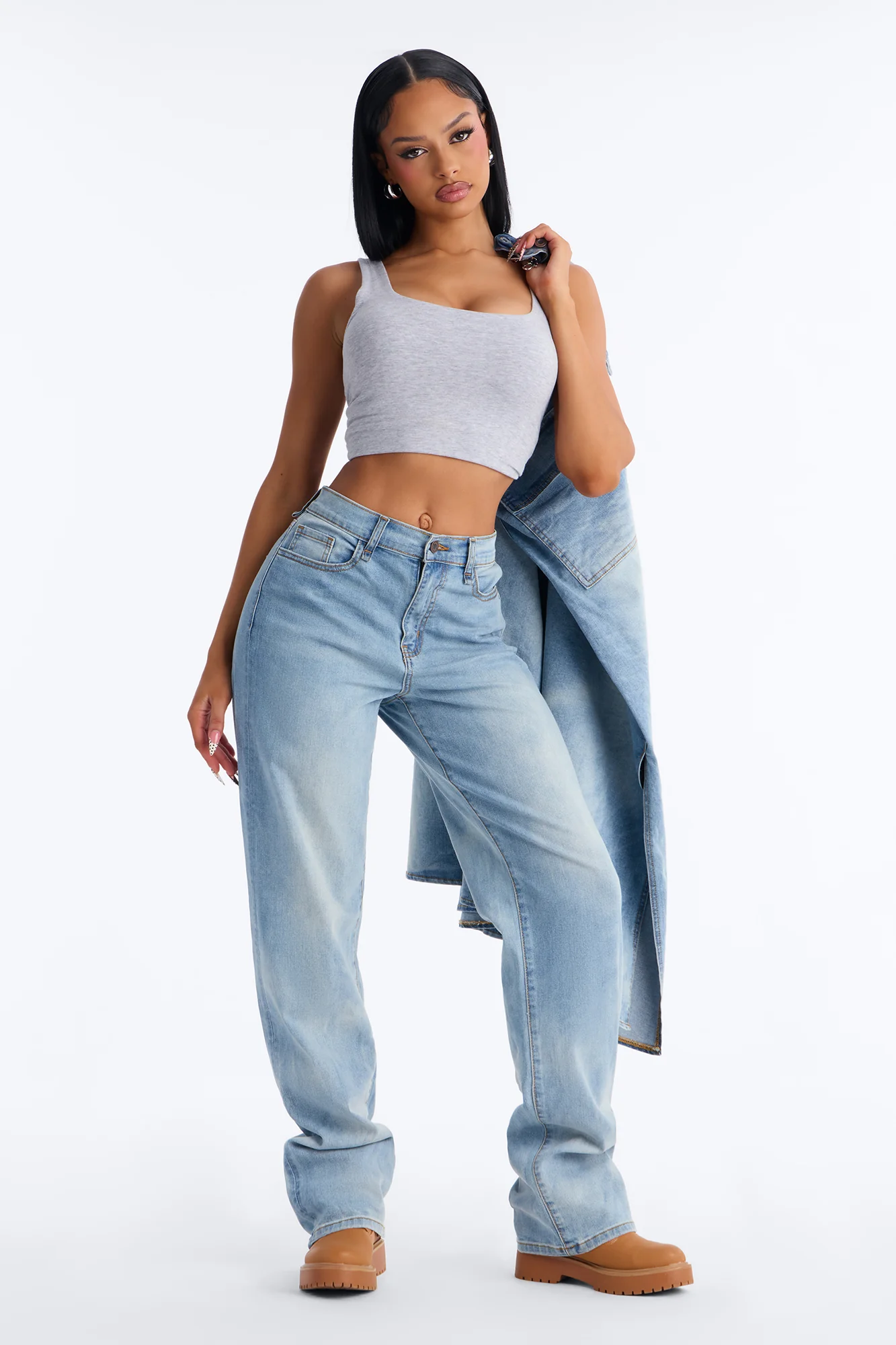Serving Looks Cargo Overlay Stretch Straight Leg Jeans - Medium Wash - Image 3