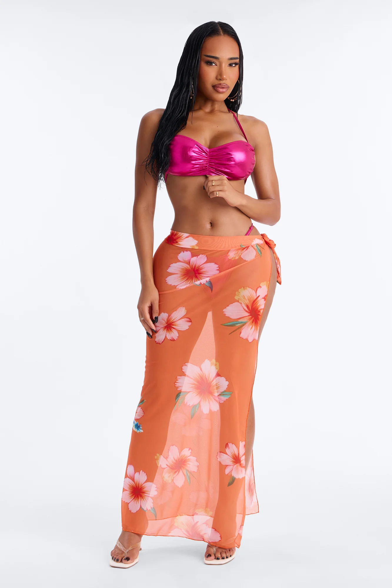 Serving Seaside Slay Metallic Bralette Bikini & Floral Cover Up Sarong Sunsuit - Pink/combo