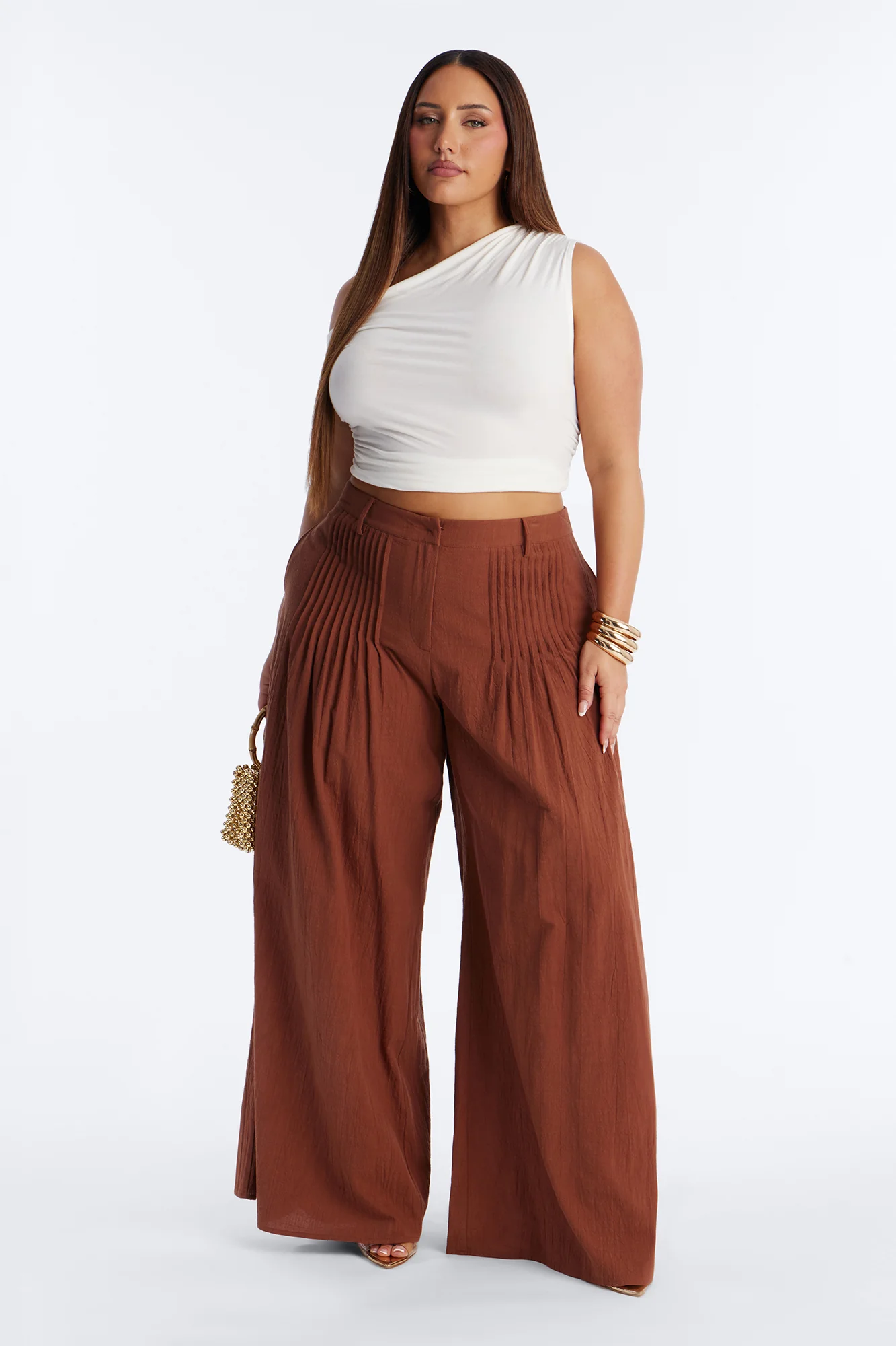 Settled In Pleated Wide Leg Pant 33″ - Brown - Image 4
