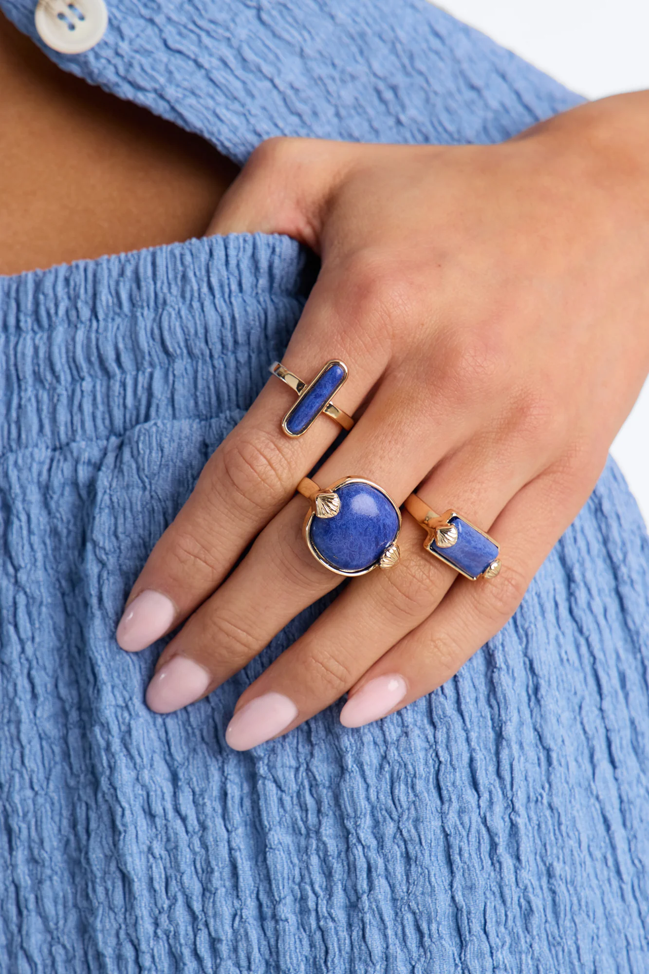 Shades Of Blue 3 Piece Ring Set - Gold/Blue