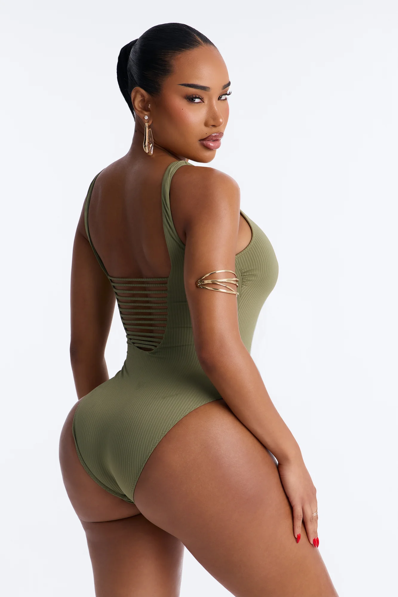 Shades On Sandy Toes Cut Out Scoop Neck 1 Piece Swimsuit - Olive - Image 3