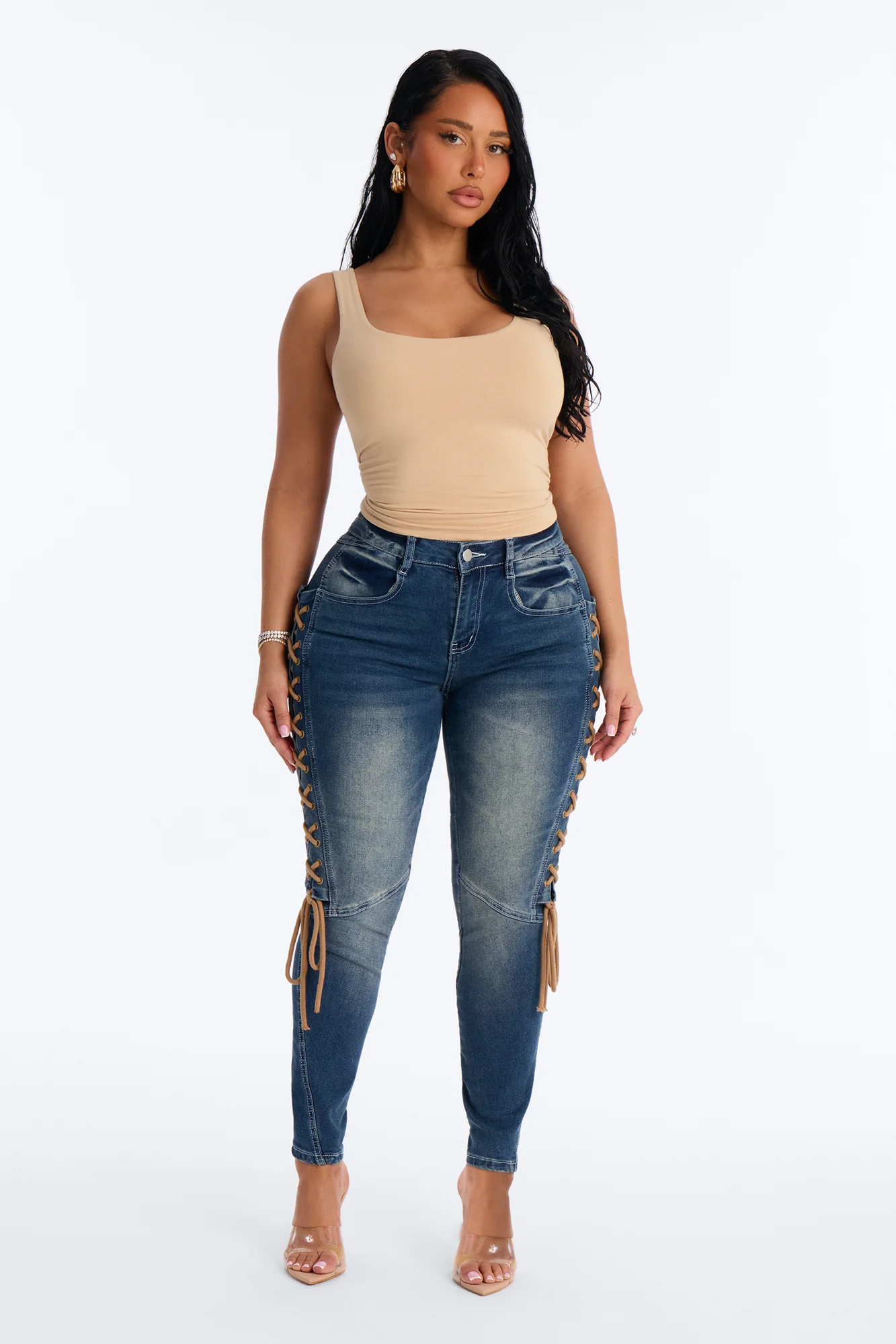 Shadow Siren Lace Up Slim Straight Leg Jeans - Dark Wash