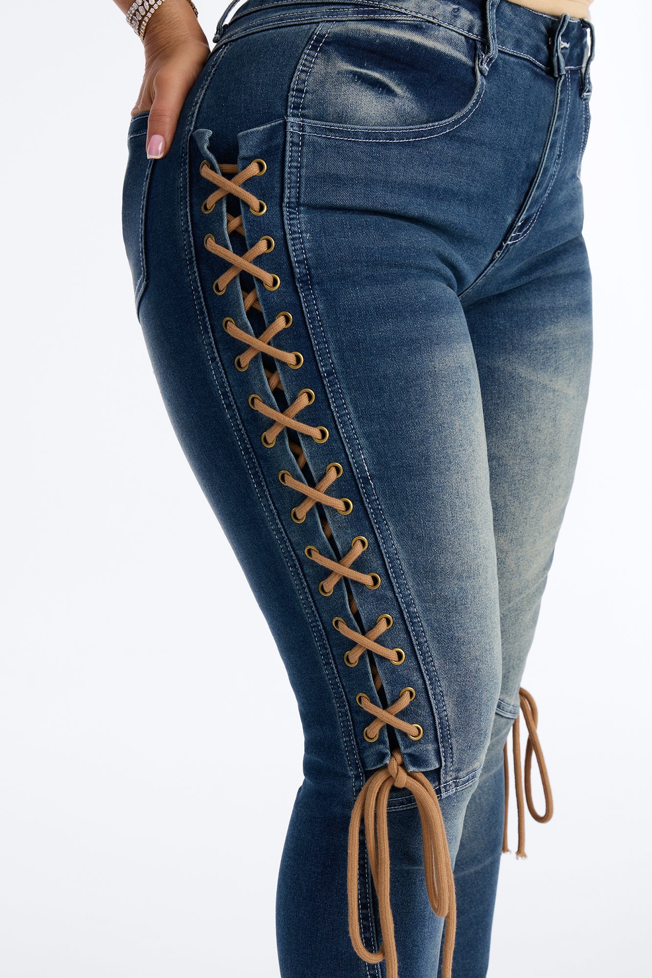 Shadow Siren Lace Up Slim Straight Leg Jeans - Dark Wash - Image 2