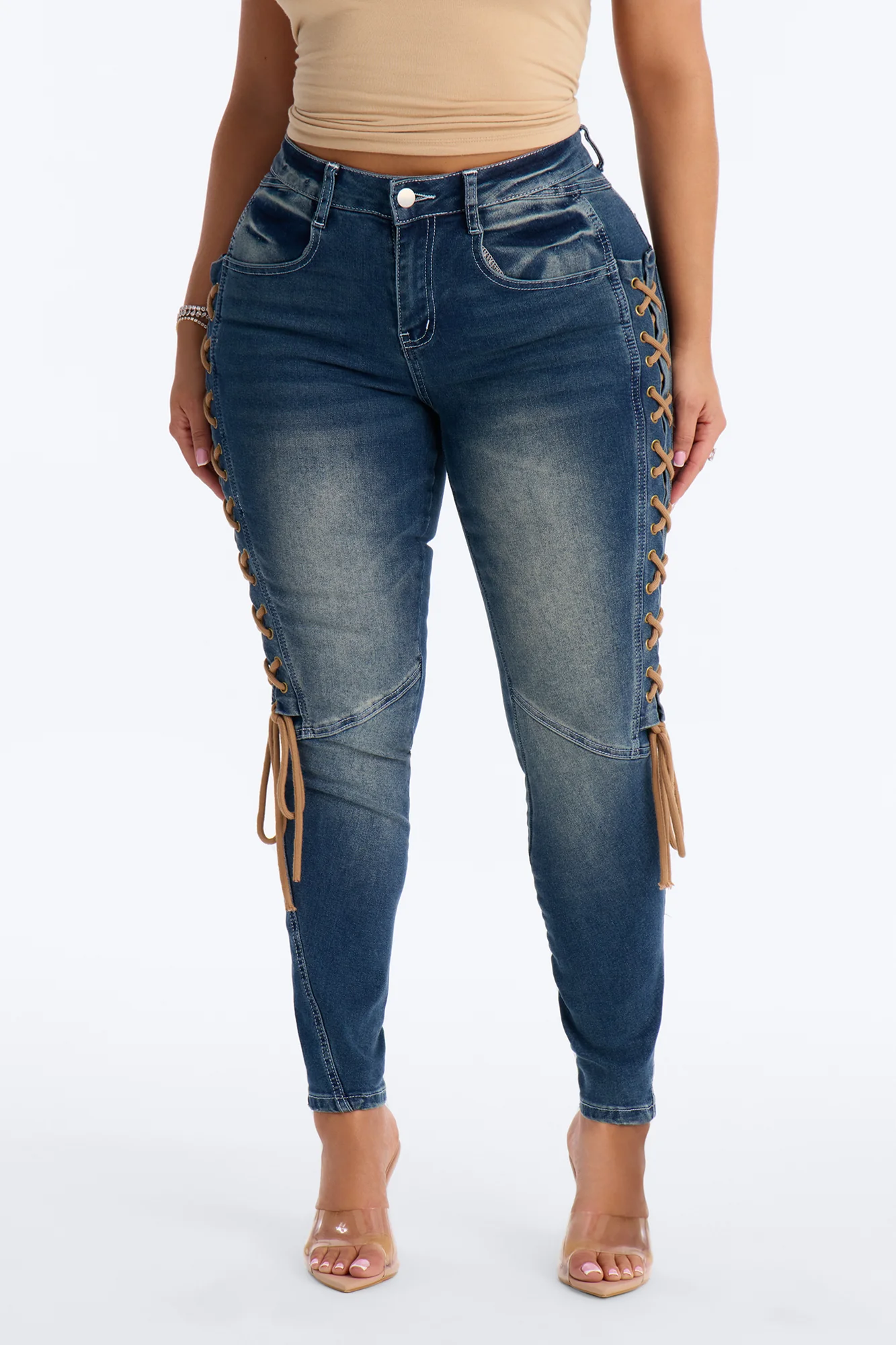 Shadow Siren Lace Up Slim Straight Leg Jeans - Dark Wash - Image 3