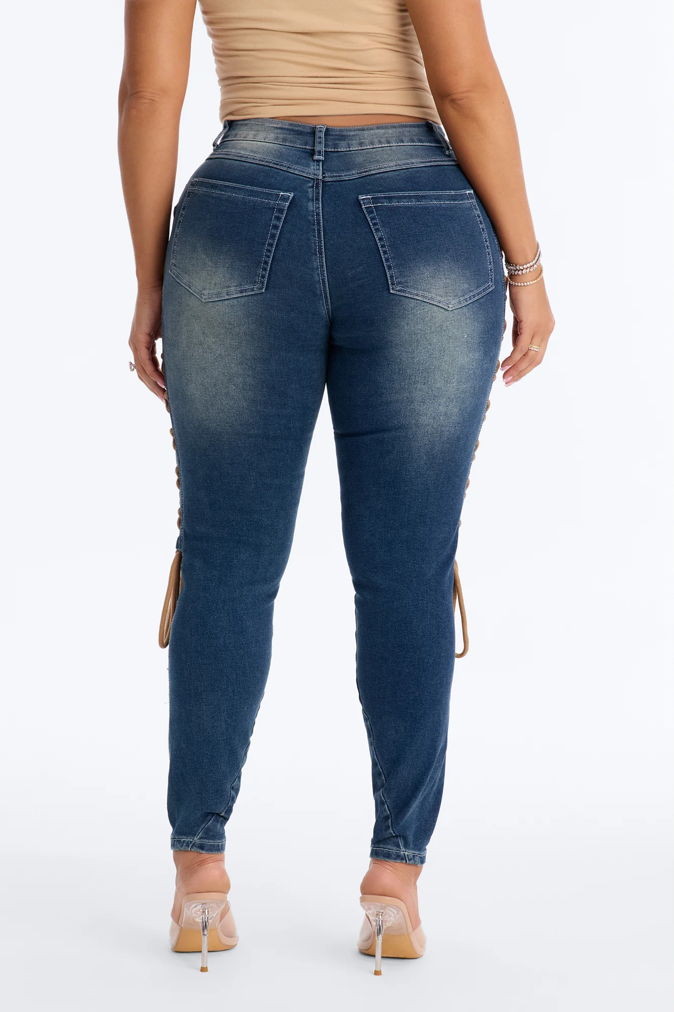 Shadow Siren Lace Up Slim Straight Leg Jeans - Dark Wash - Image 4