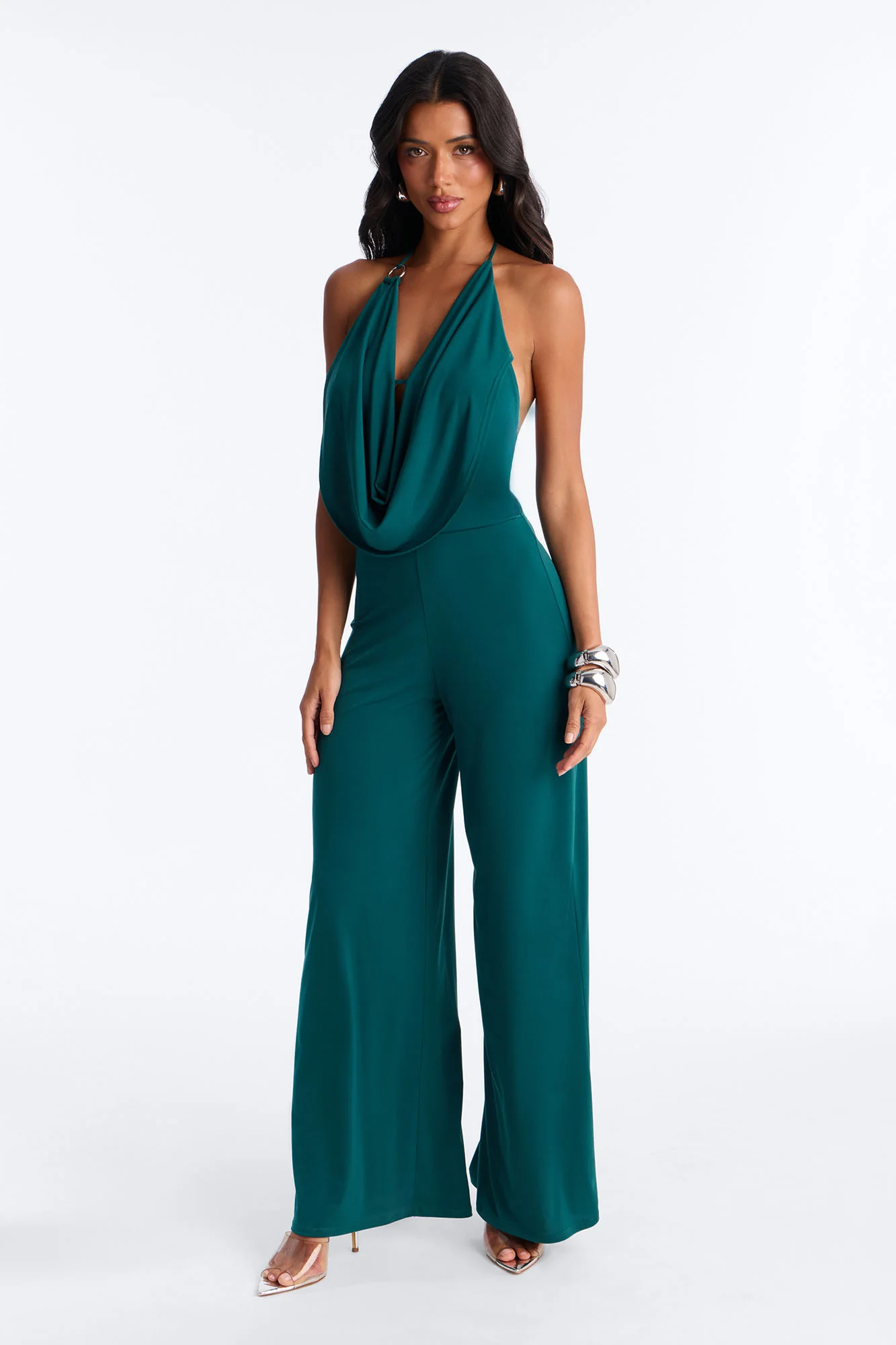 Shana Cowl Halter Wide Leg Jumpsuit - Green