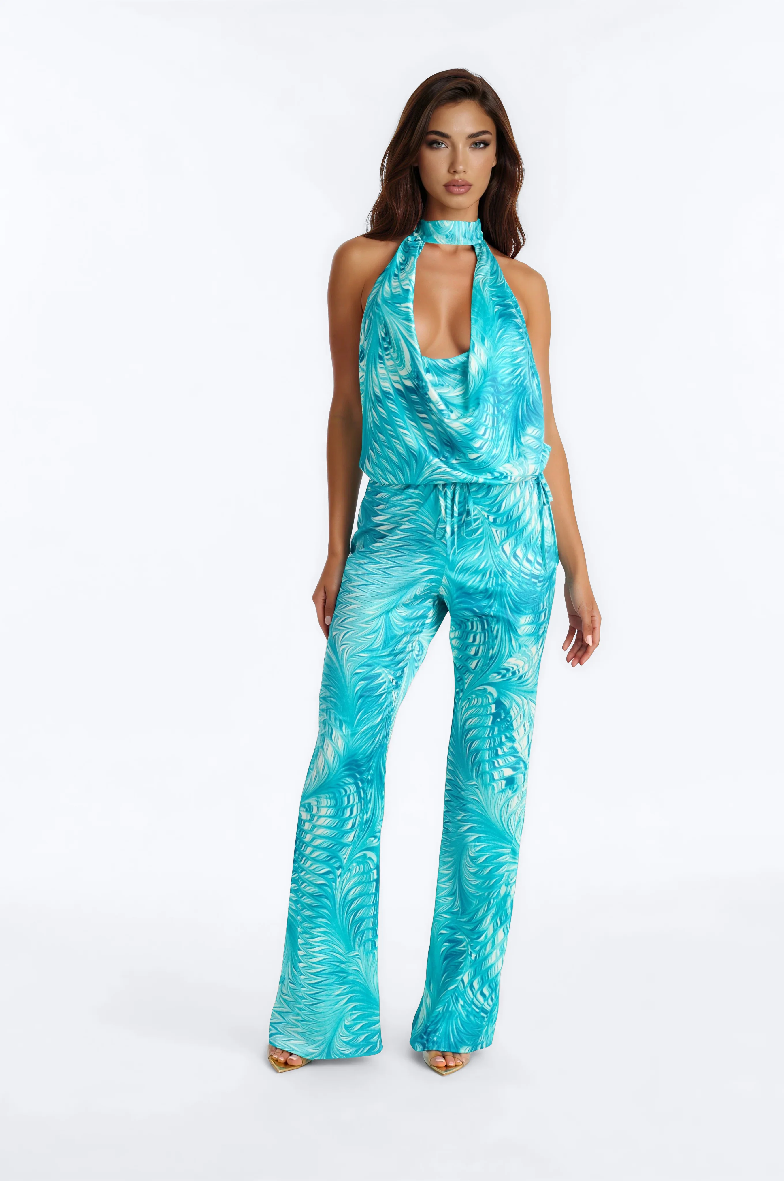 Shana Satin Halter Pant Set - Aqua