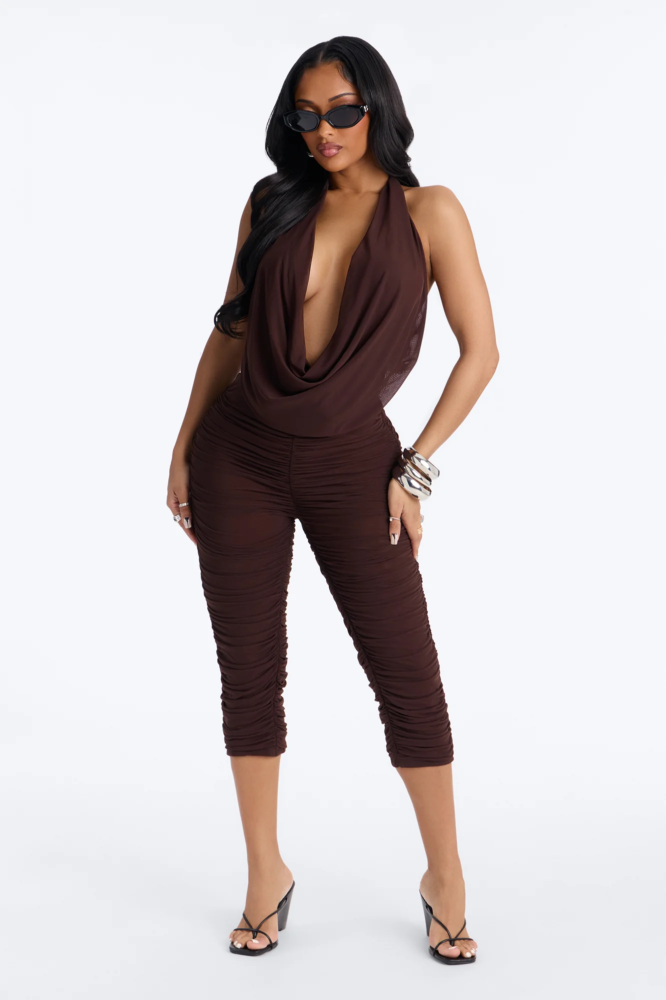 Shayla Ruched Mesh Capri Jumpsuit - Chocolate