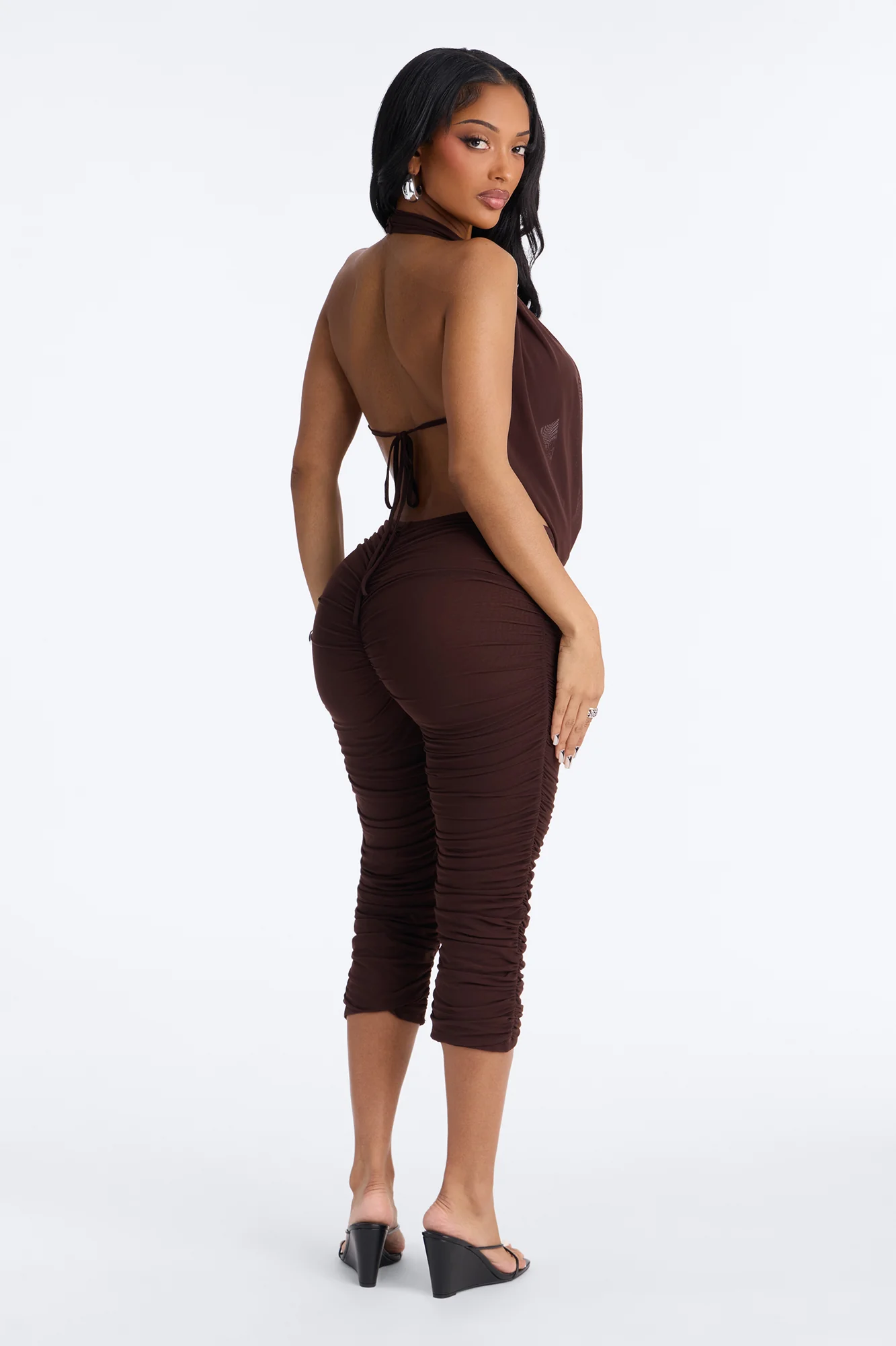 Shayla Ruched Mesh Capri Jumpsuit - Chocolate - Image 4