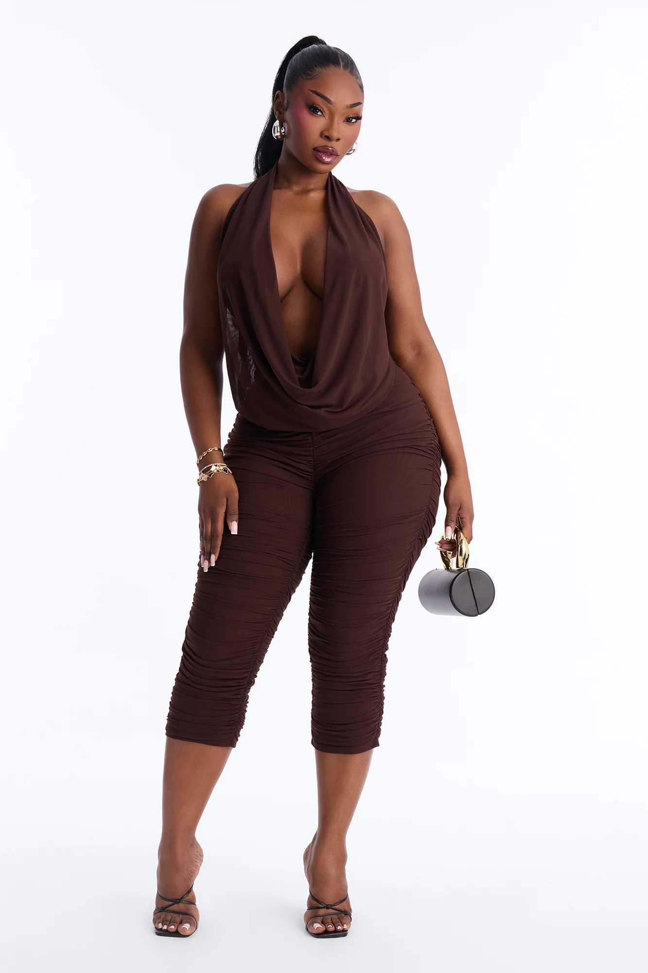 Shayla Ruched Mesh Capri Jumpsuit - Chocolate - Image 5