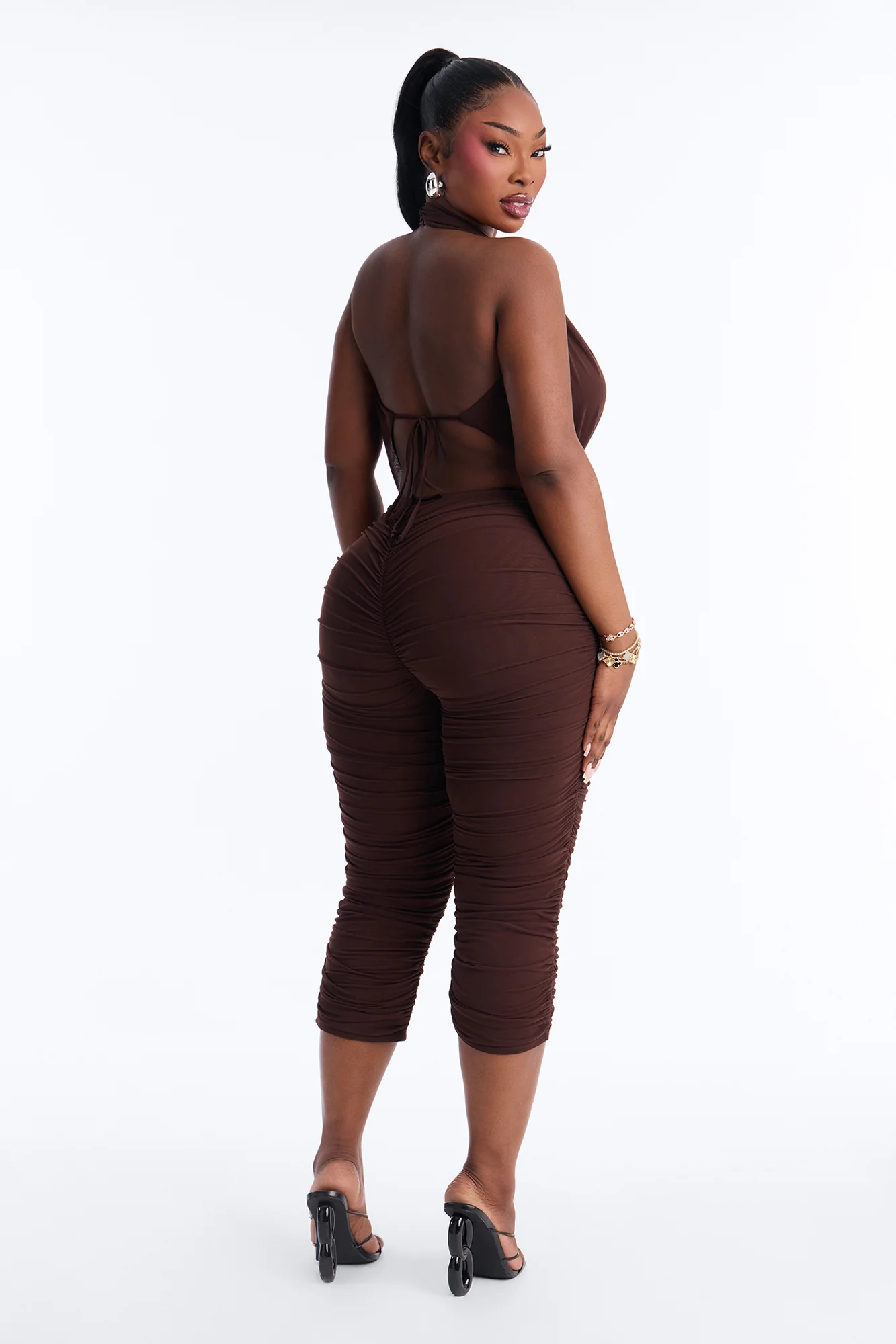 Shayla Ruched Mesh Capri Jumpsuit - Chocolate - Image 7