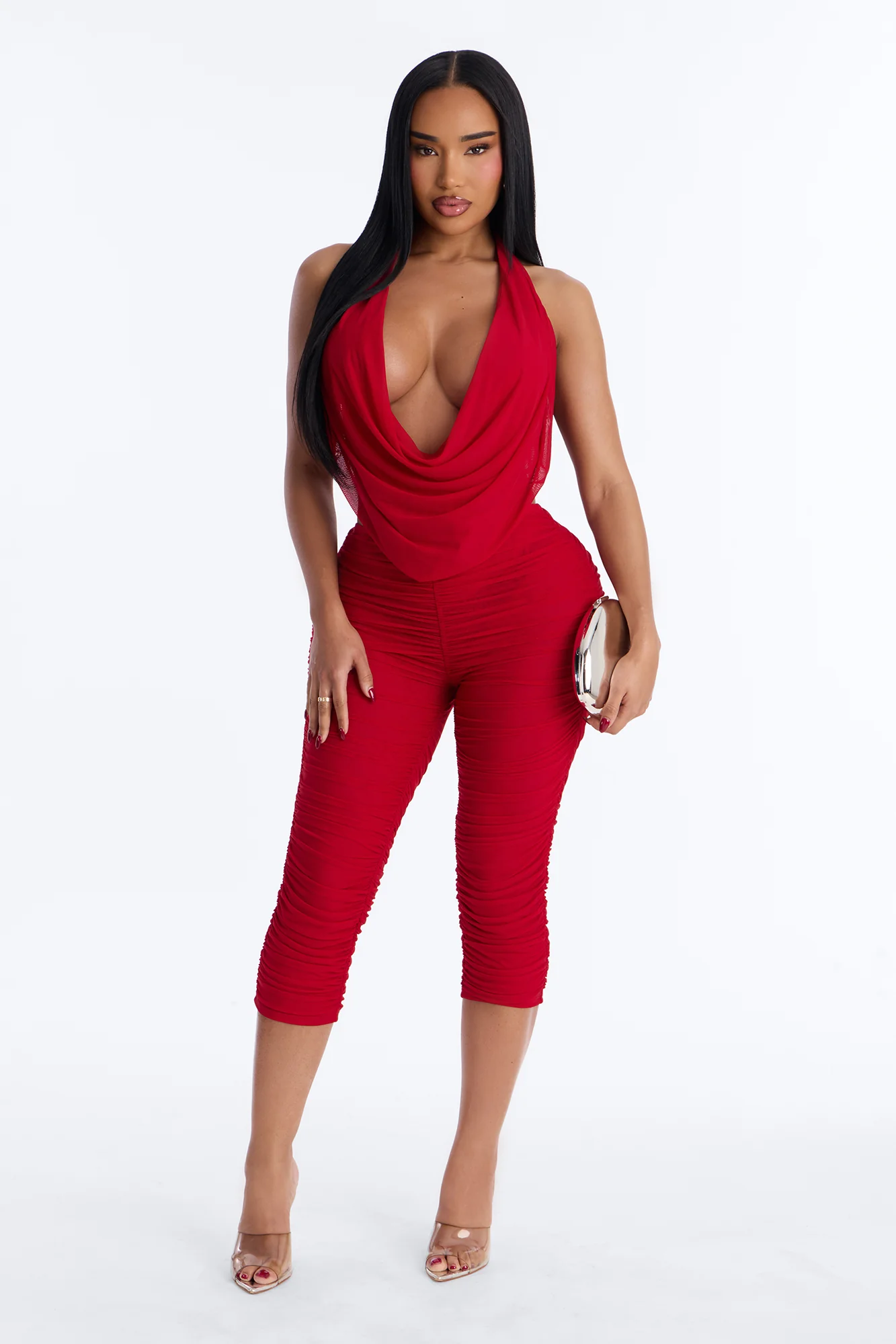 Shayla Ruched Mesh Capri Jumpsuit - Red