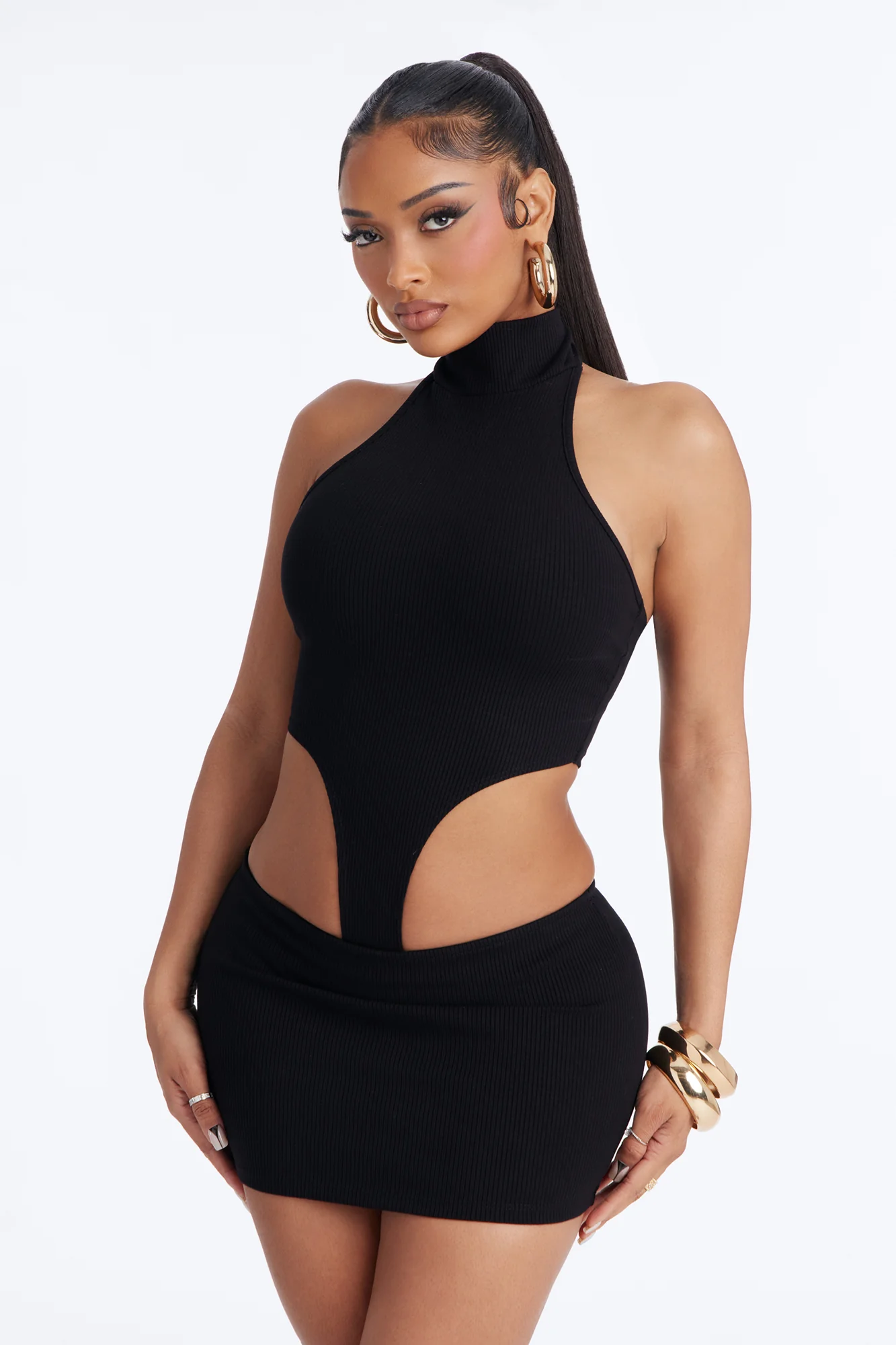 Shayla Snatched High Neck Mini Skirt Set - Black - Image 2