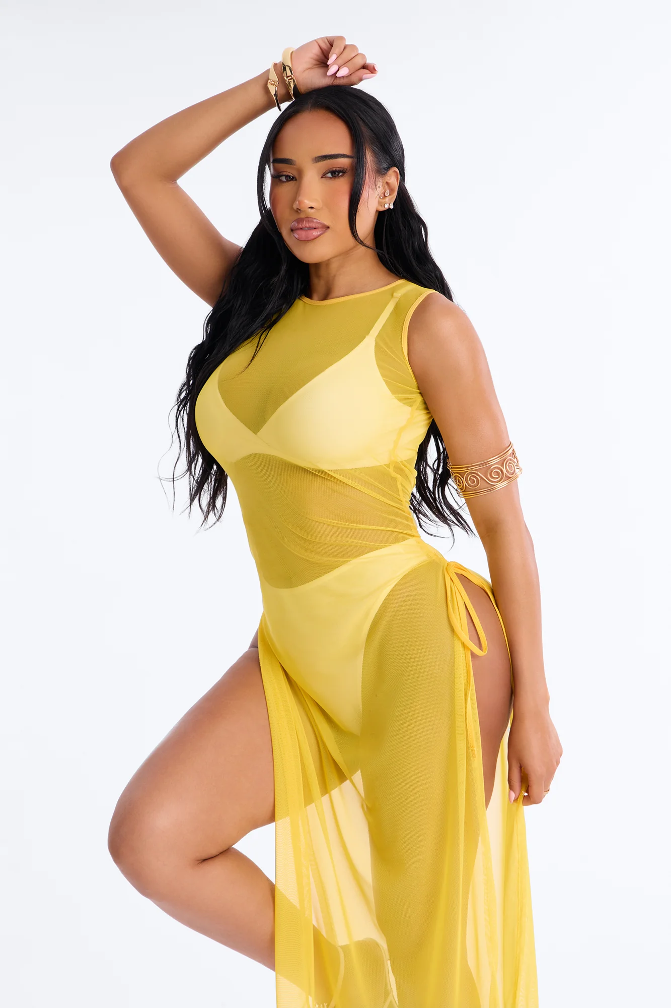 Sheer Thing Mesh Swim Cover Up Dress - Mustard - Image 2