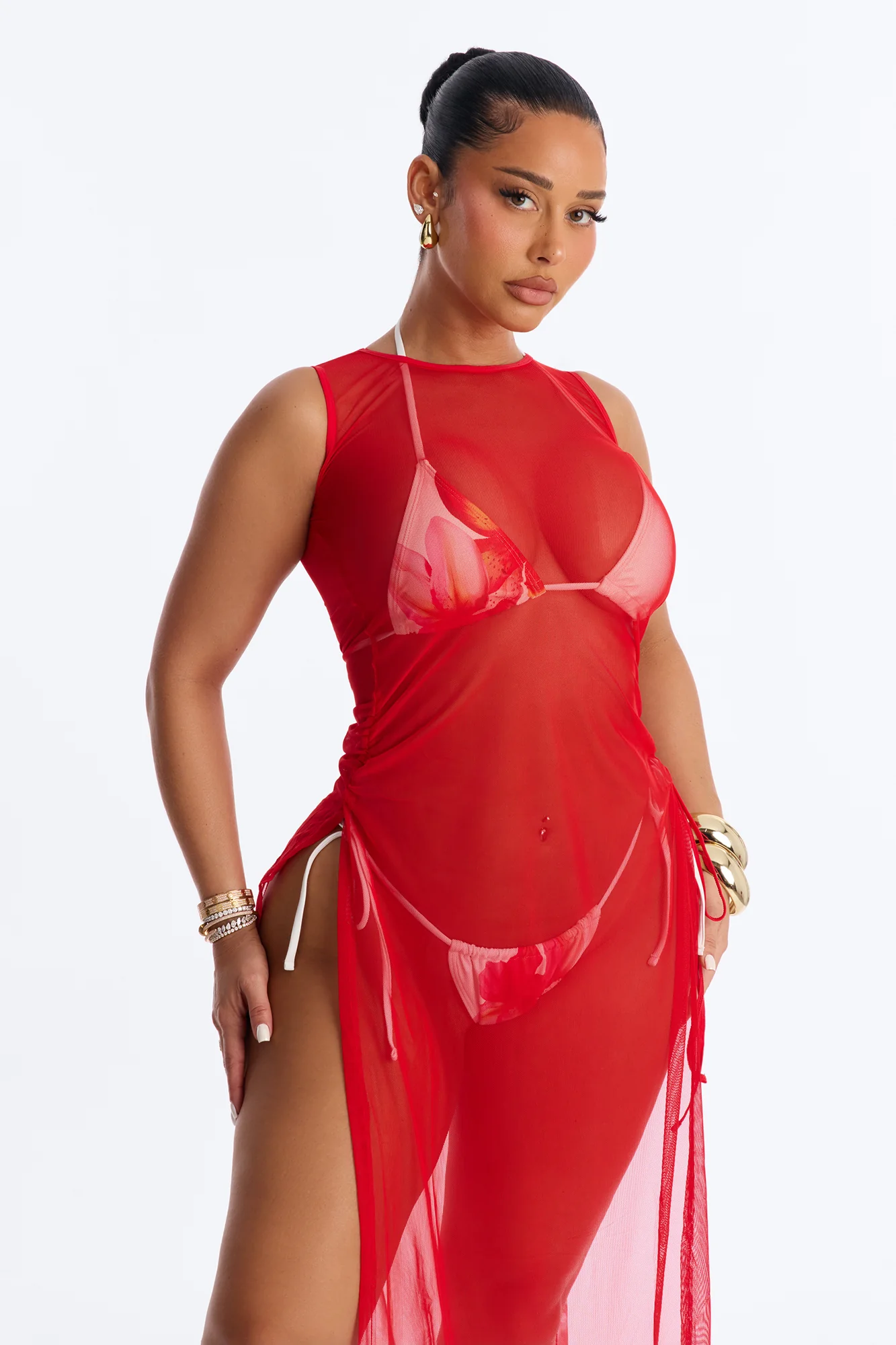 Sheer Thing Mesh Swim Cover Up Dress - Red - Image 2