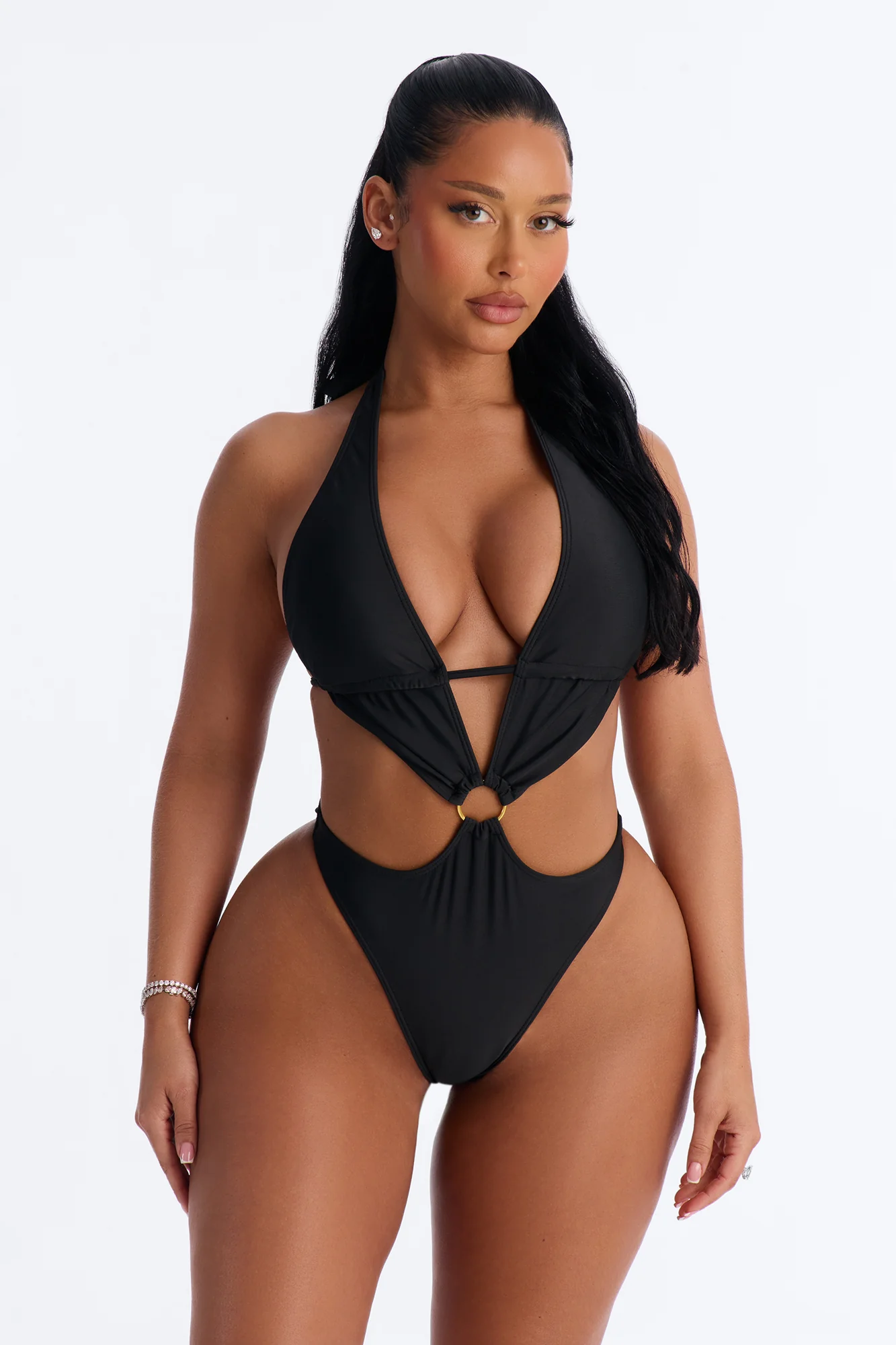 Shelby 1 Piece Cut Out Halter Swimsuit - Black