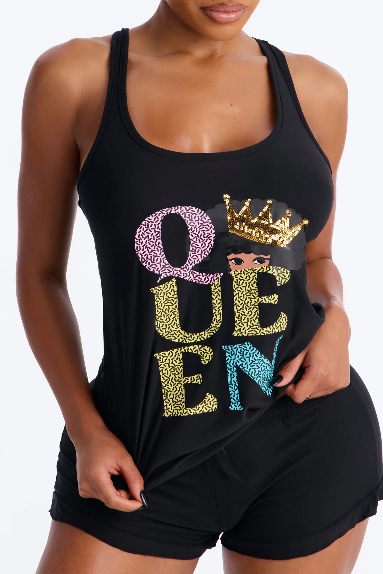 She's A Queen PJ Racerback Short Set - Black/combo - Image 2