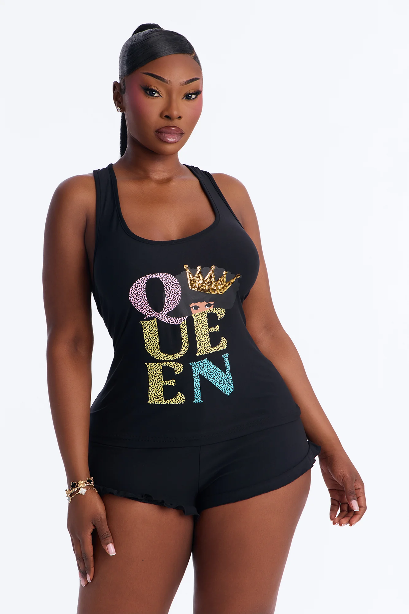 She's A Queen PJ Racerback Short Set - Black/combo - Image 4