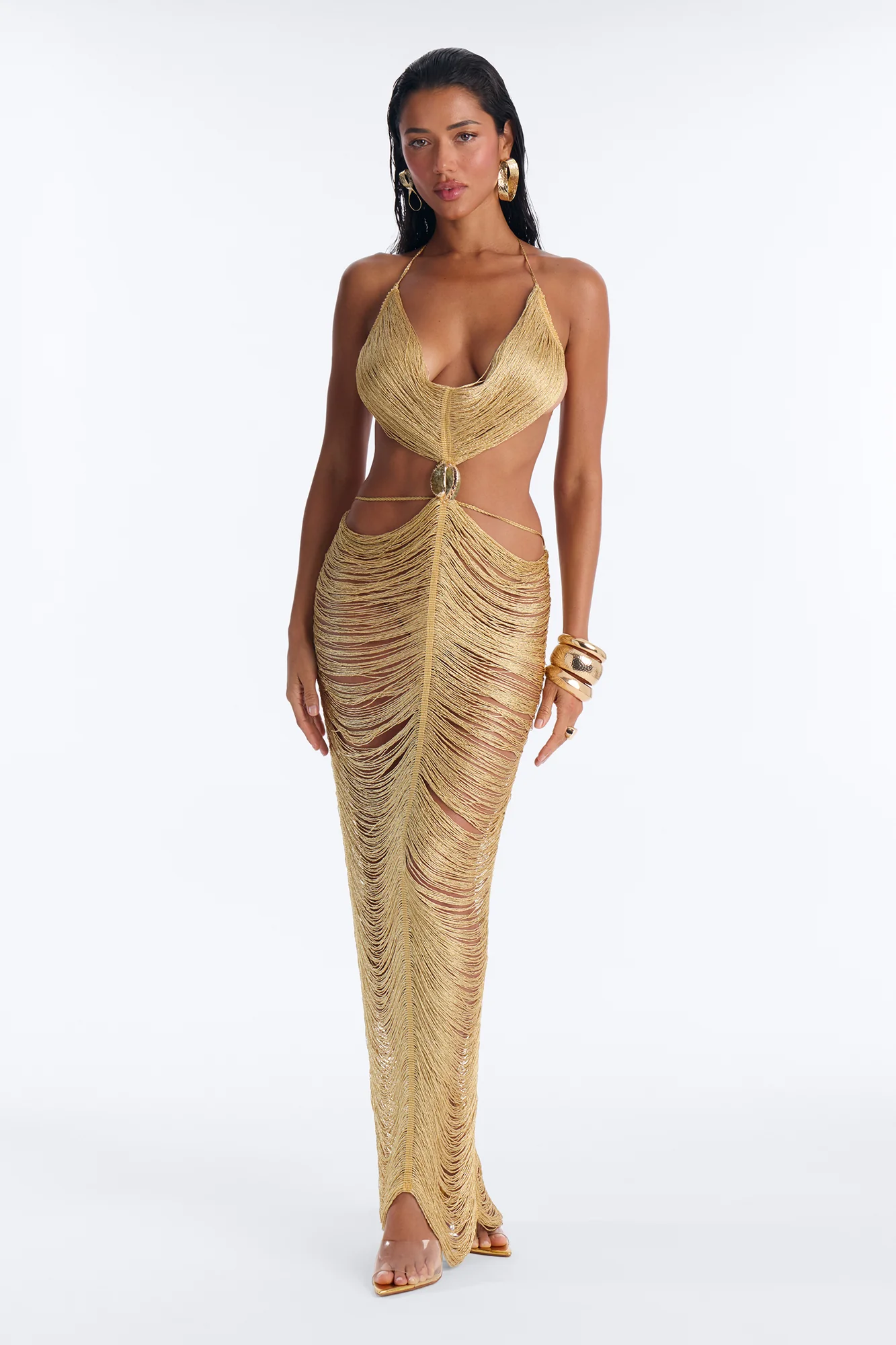 She's A Star Metallic Fringe Maxi Dress - Gold - Image 2