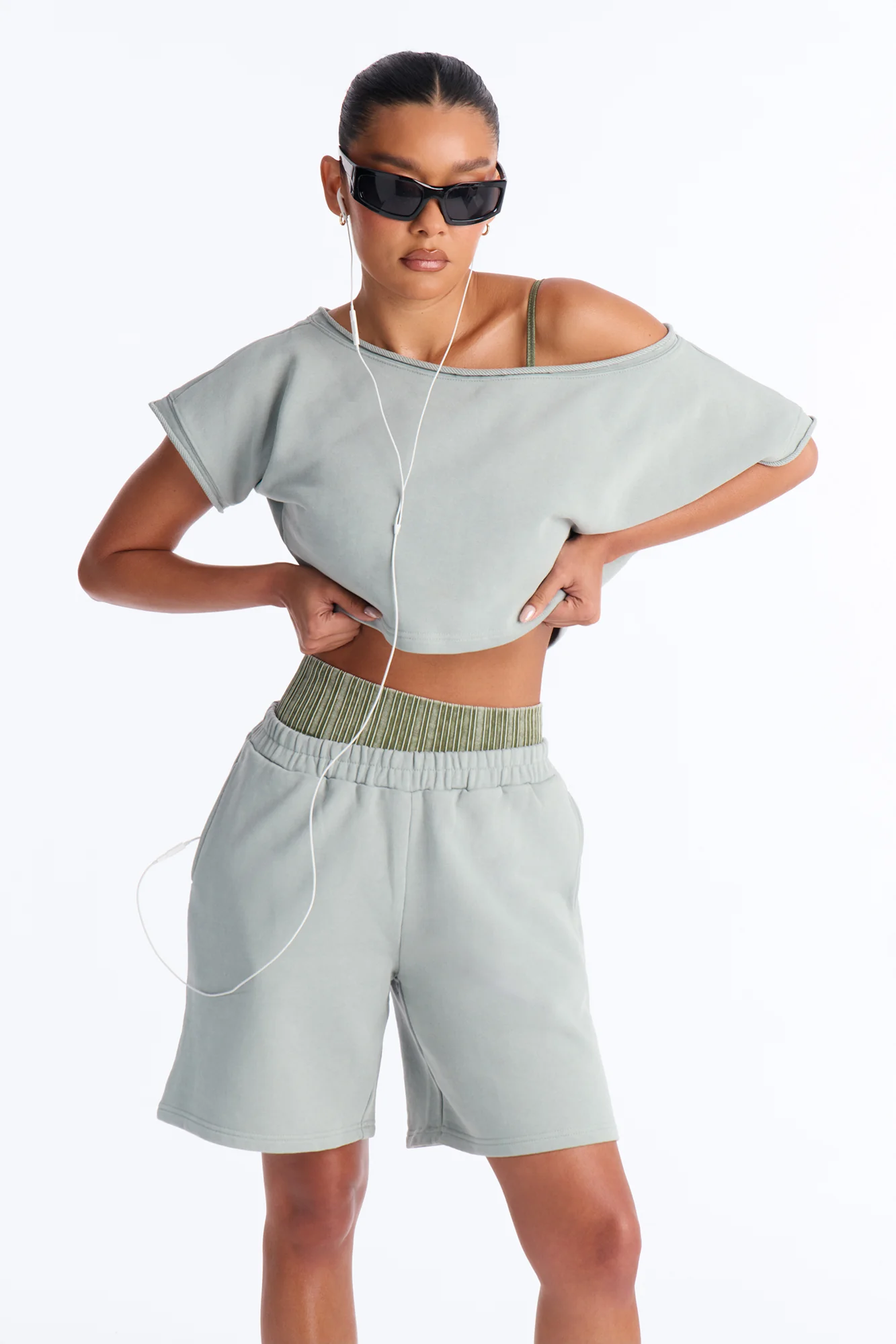 Shia Off Shoulder Short Set - Sage - Image 2