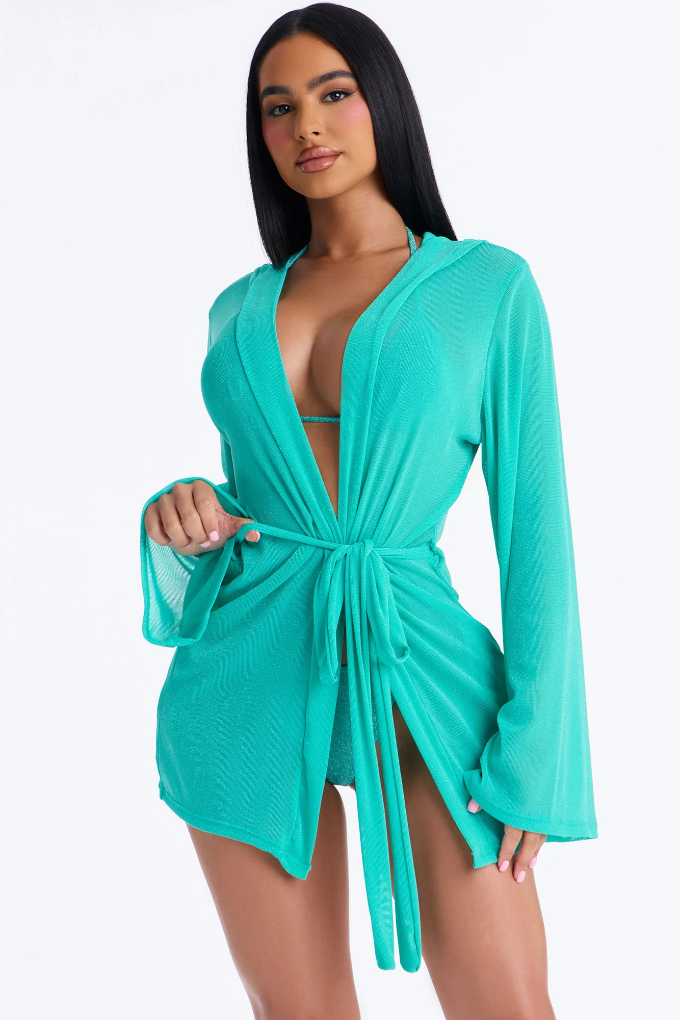 Shining For You Bikini And Robe Coverup Set - Teal - Image 3