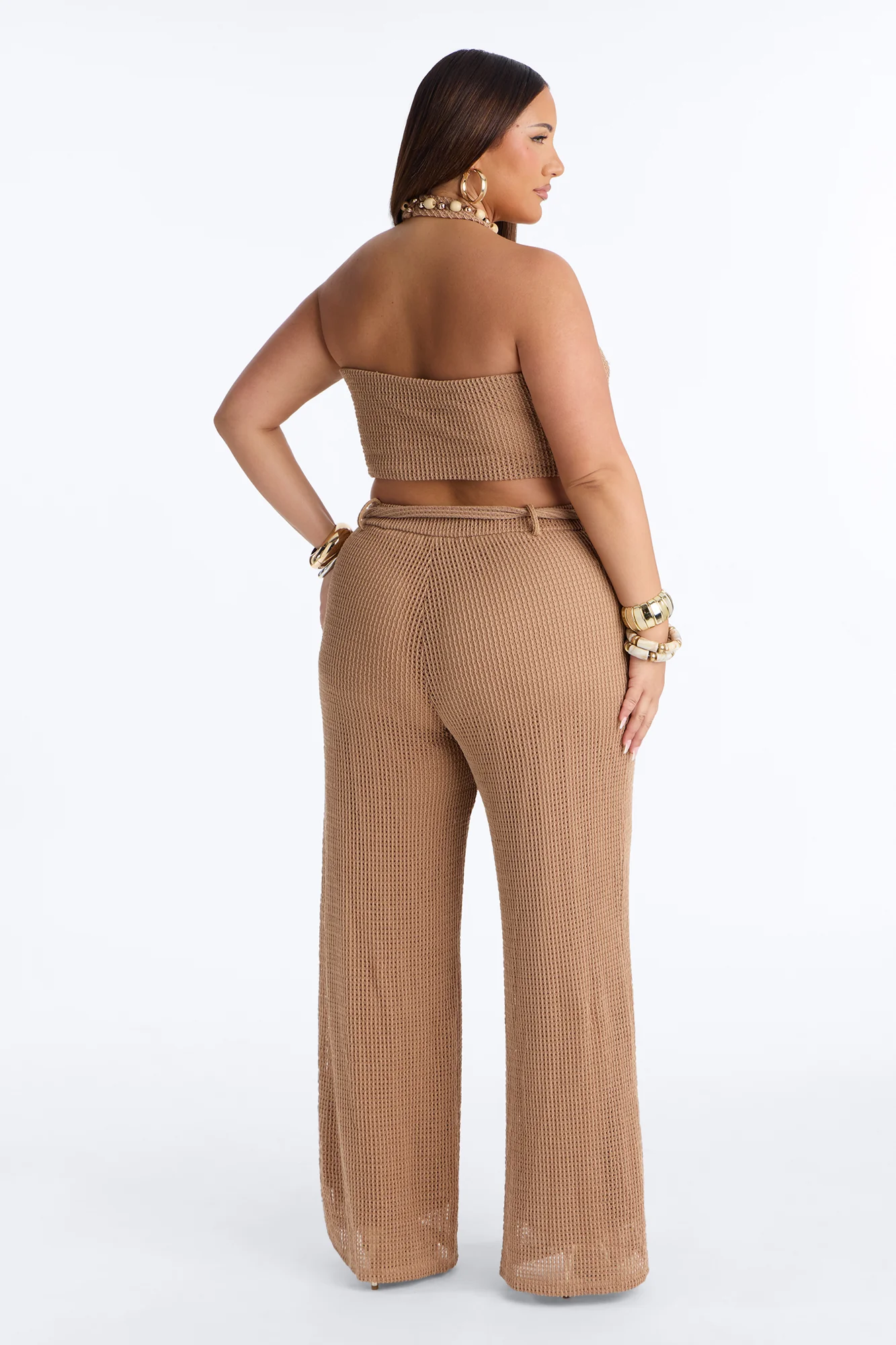 Shoreline Chic Beaded Halter Crochet Pant Set - Camel - Image 7