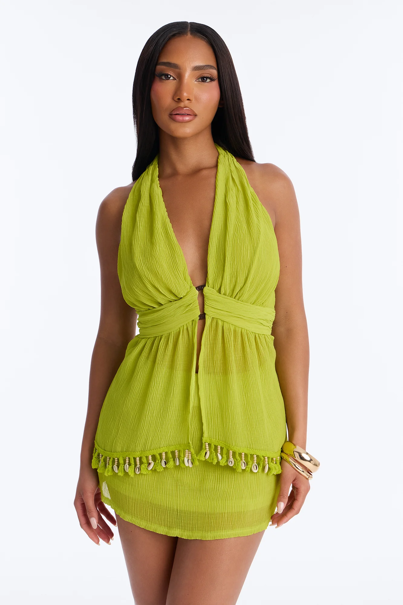 Shoreline Glow Halter Skirt Set - Chartreuse