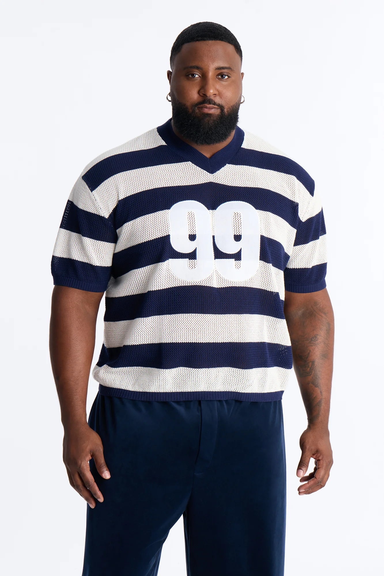 Short Sleeve Striped Crotchet Jersey - Navy - Image 5