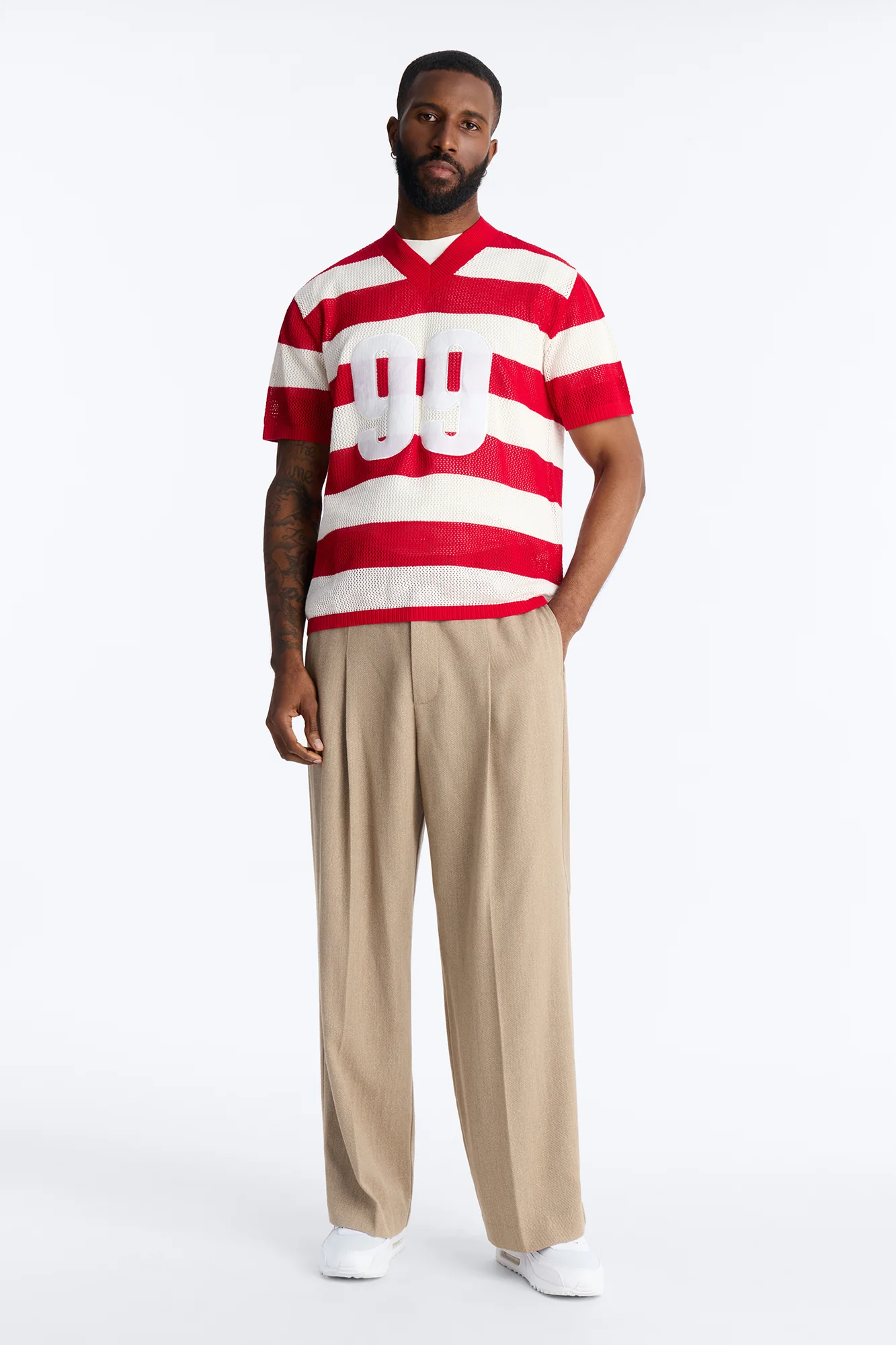 Short Sleeve Striped Crotchet Jersey - Red - Image 2