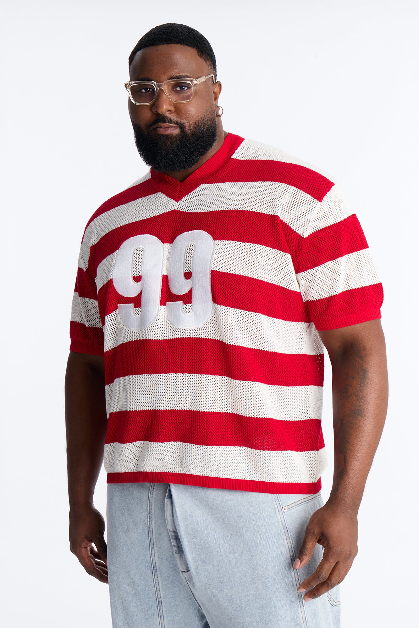 Short Sleeve Striped Crotchet Jersey - Red - Image 6