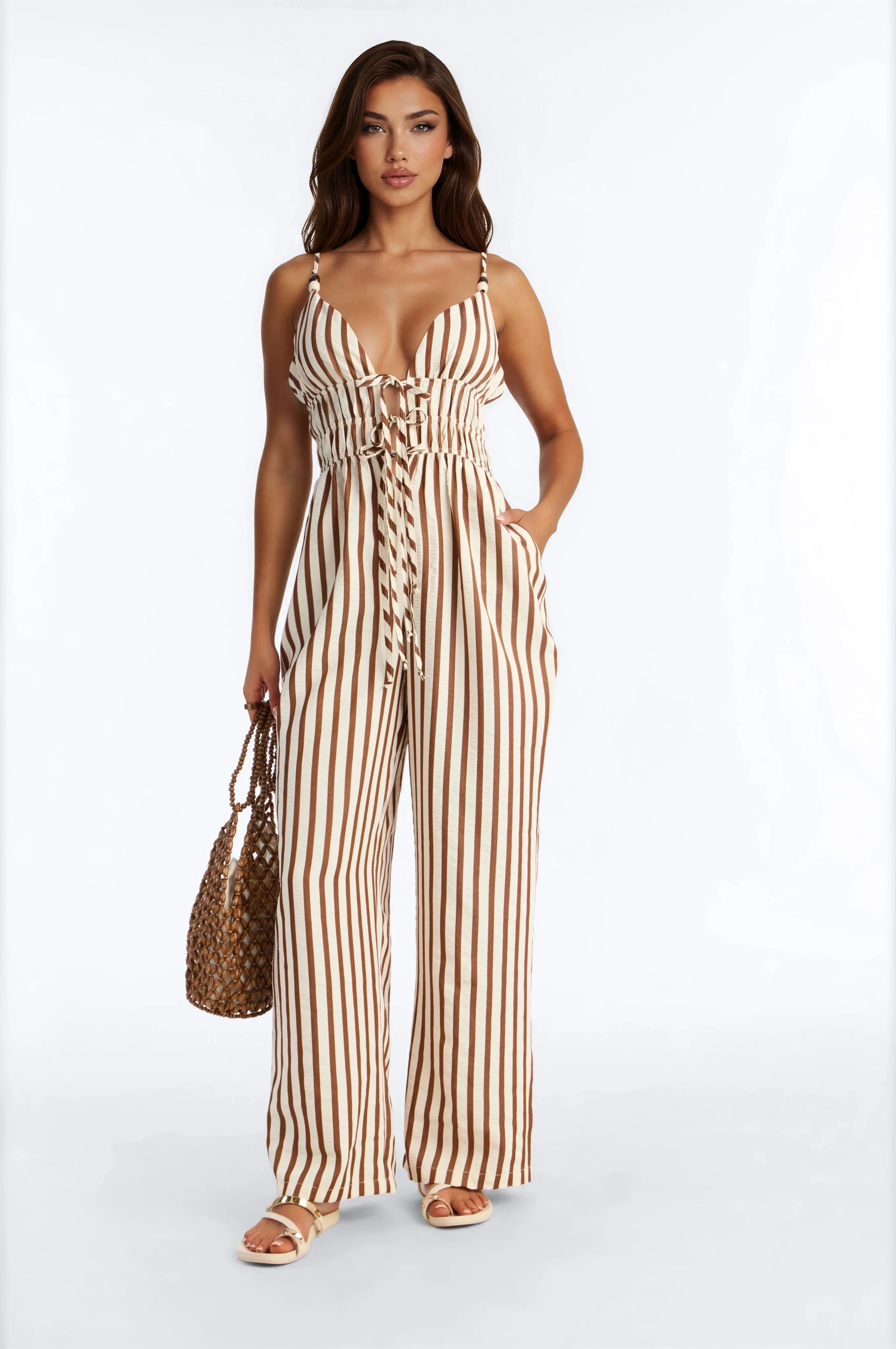 Short Taya Beaded Wide Leg Jumpsuit - Brown