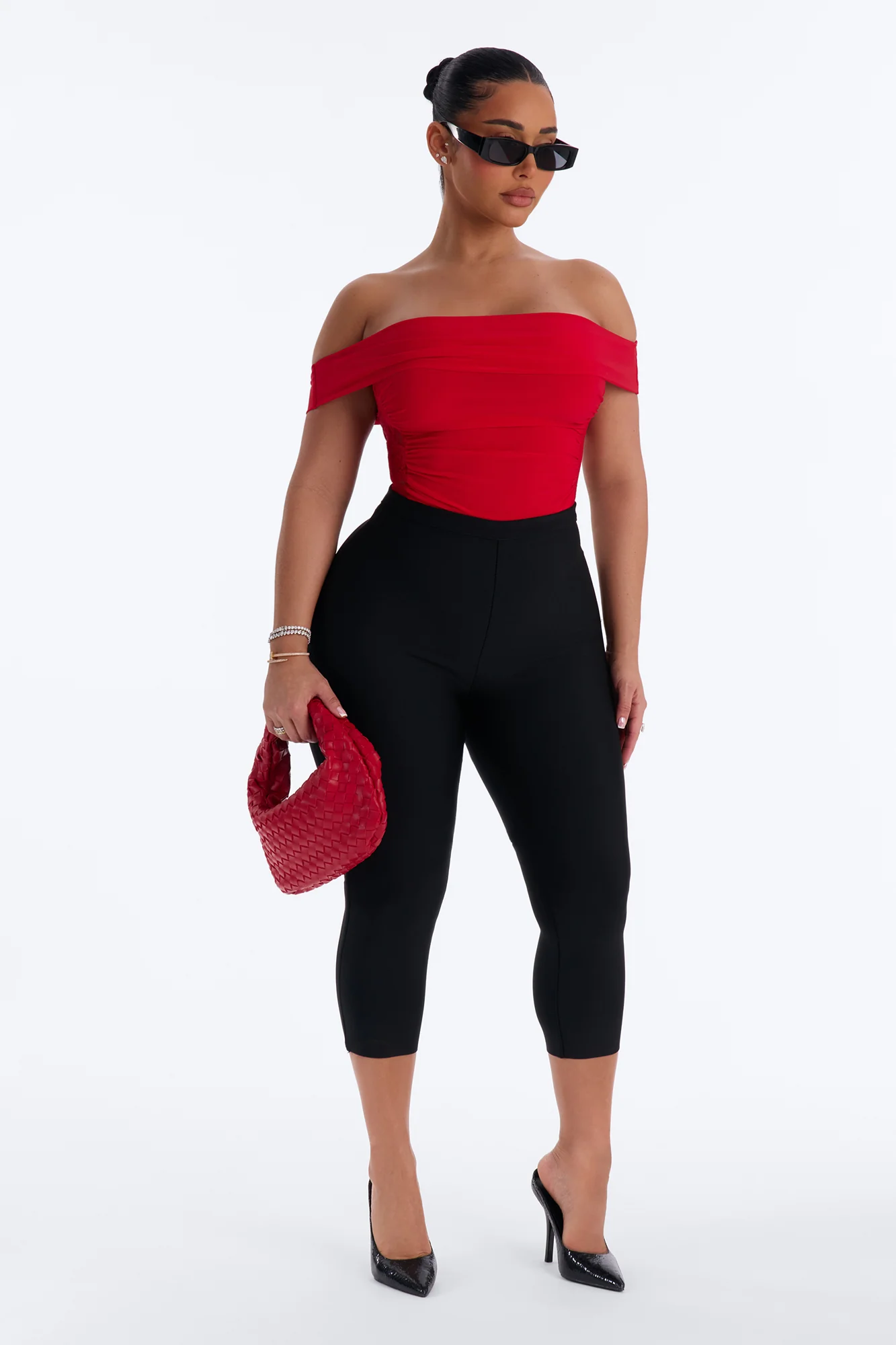 Show A Little Lace Off Shoulder Bodysuit - Red - Image 3