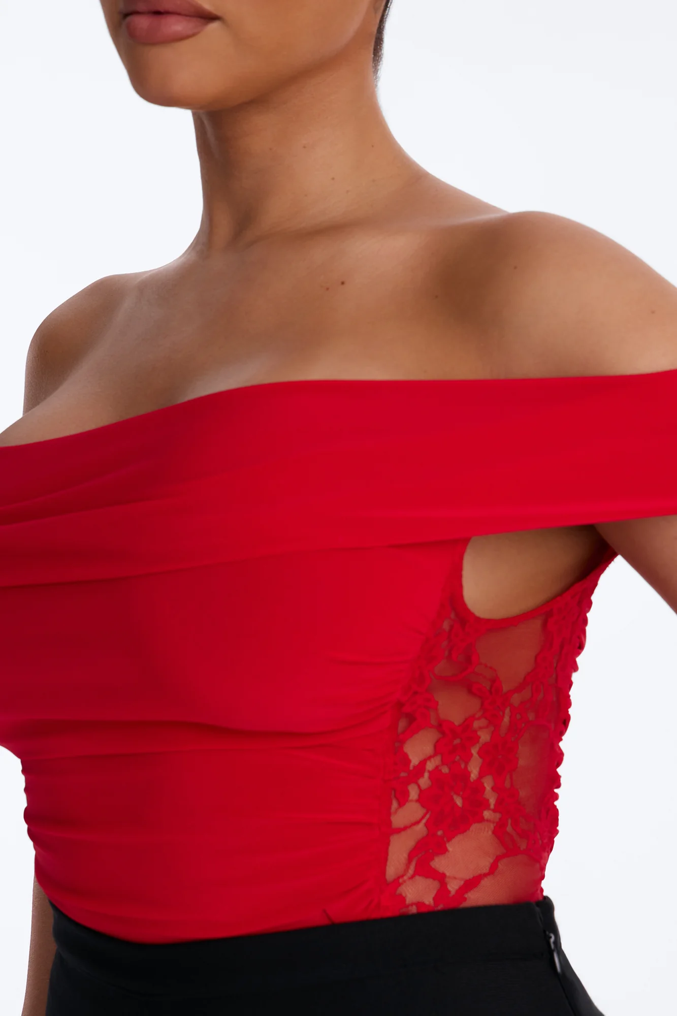Show A Little Lace Off Shoulder Bodysuit - Red - Image 4