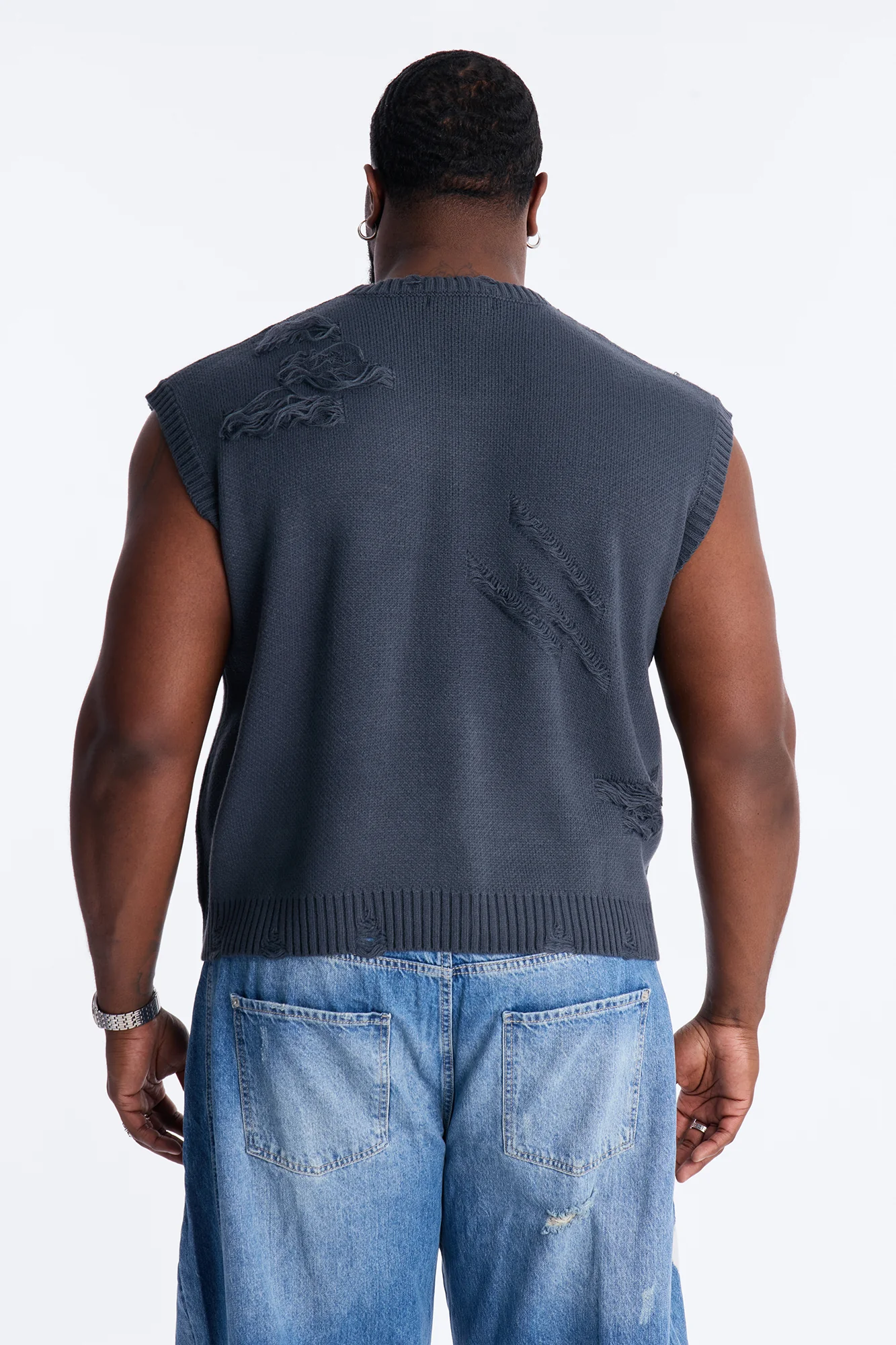 Shredline Desgastado Frayed Sweater Vest - Olive - Image 9