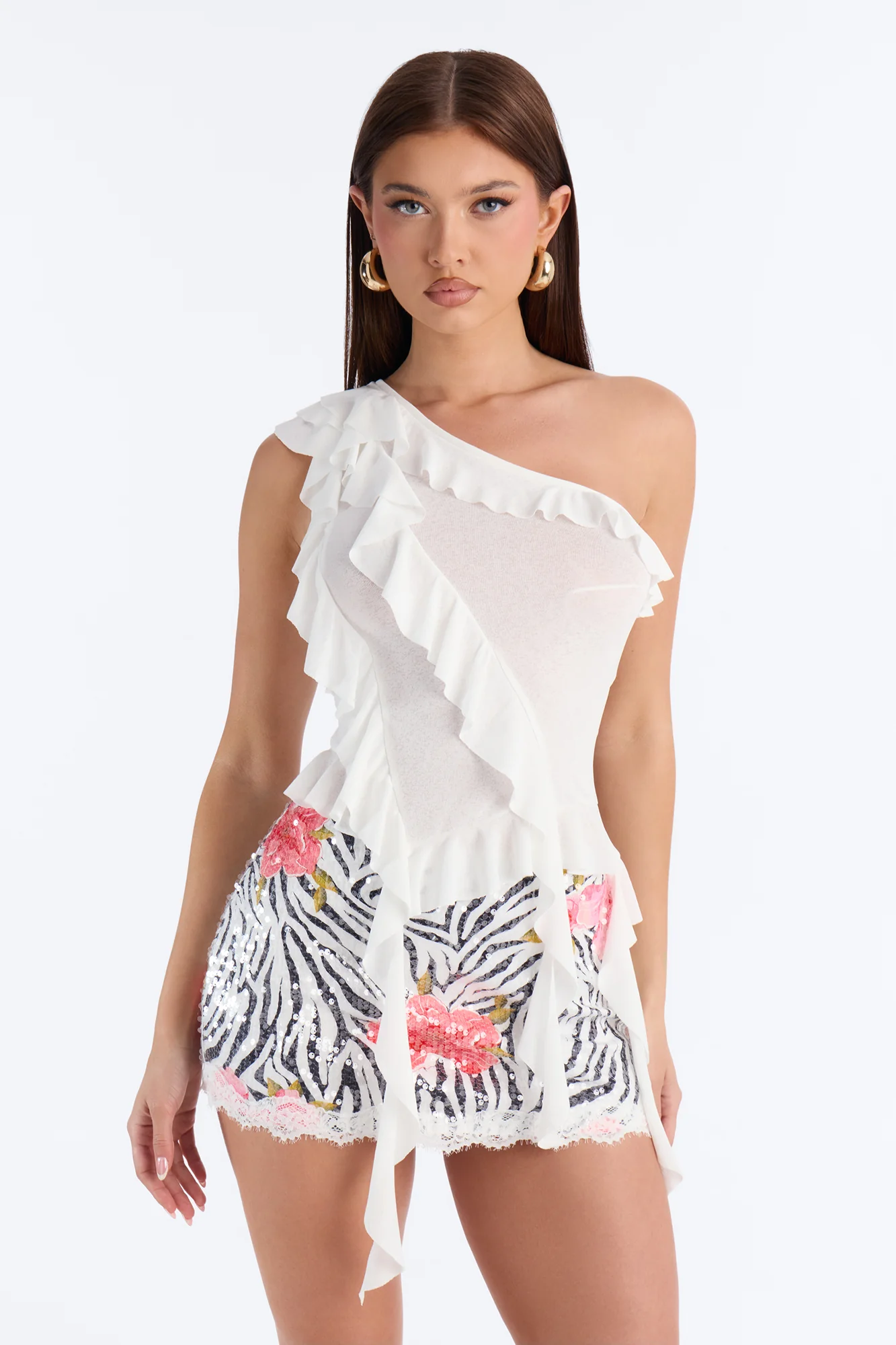 Sicily Ruffle One Shoulder Textured Top - White