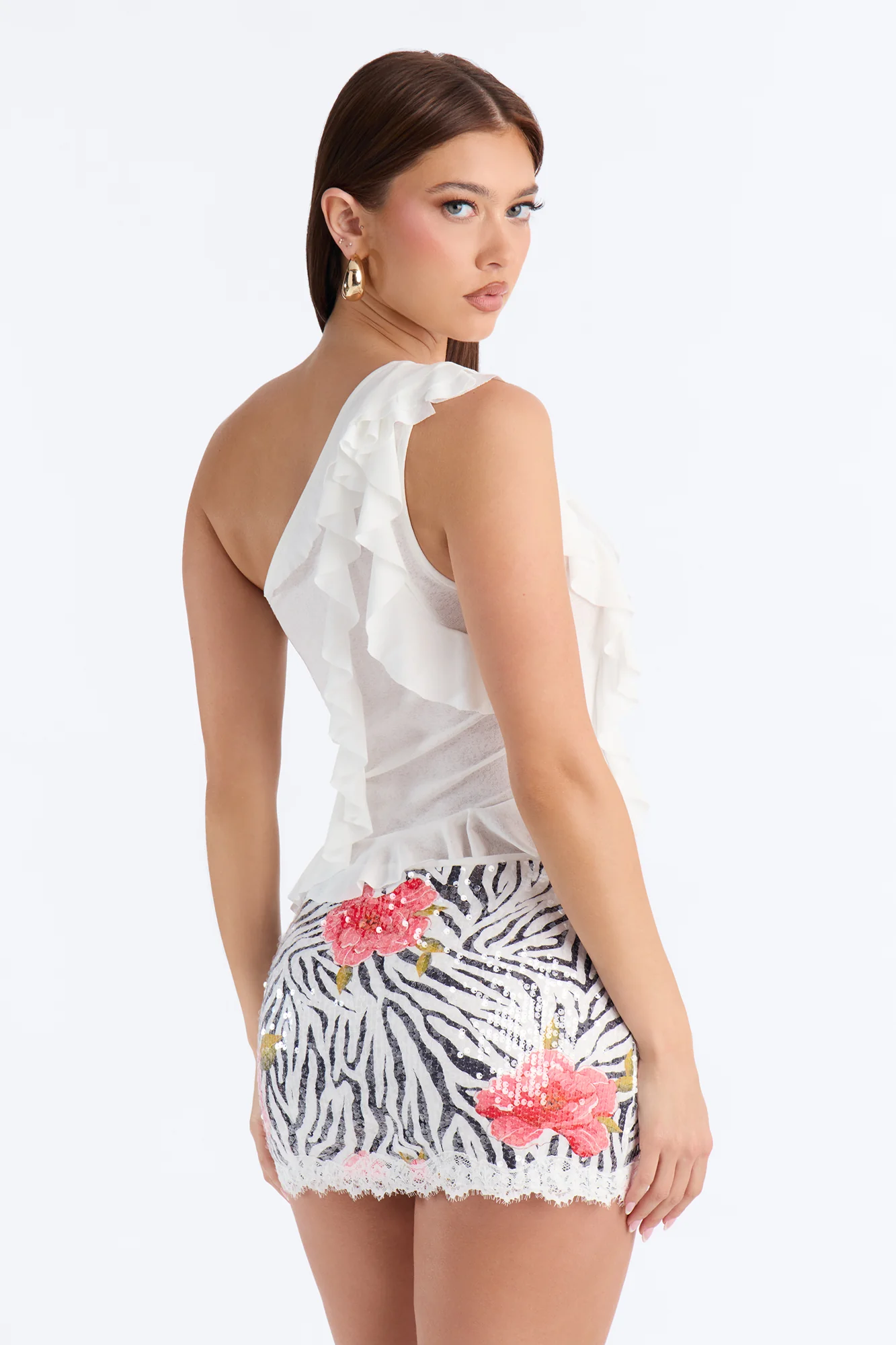 Sicily Ruffle One Shoulder Textured Top - White - Image 4