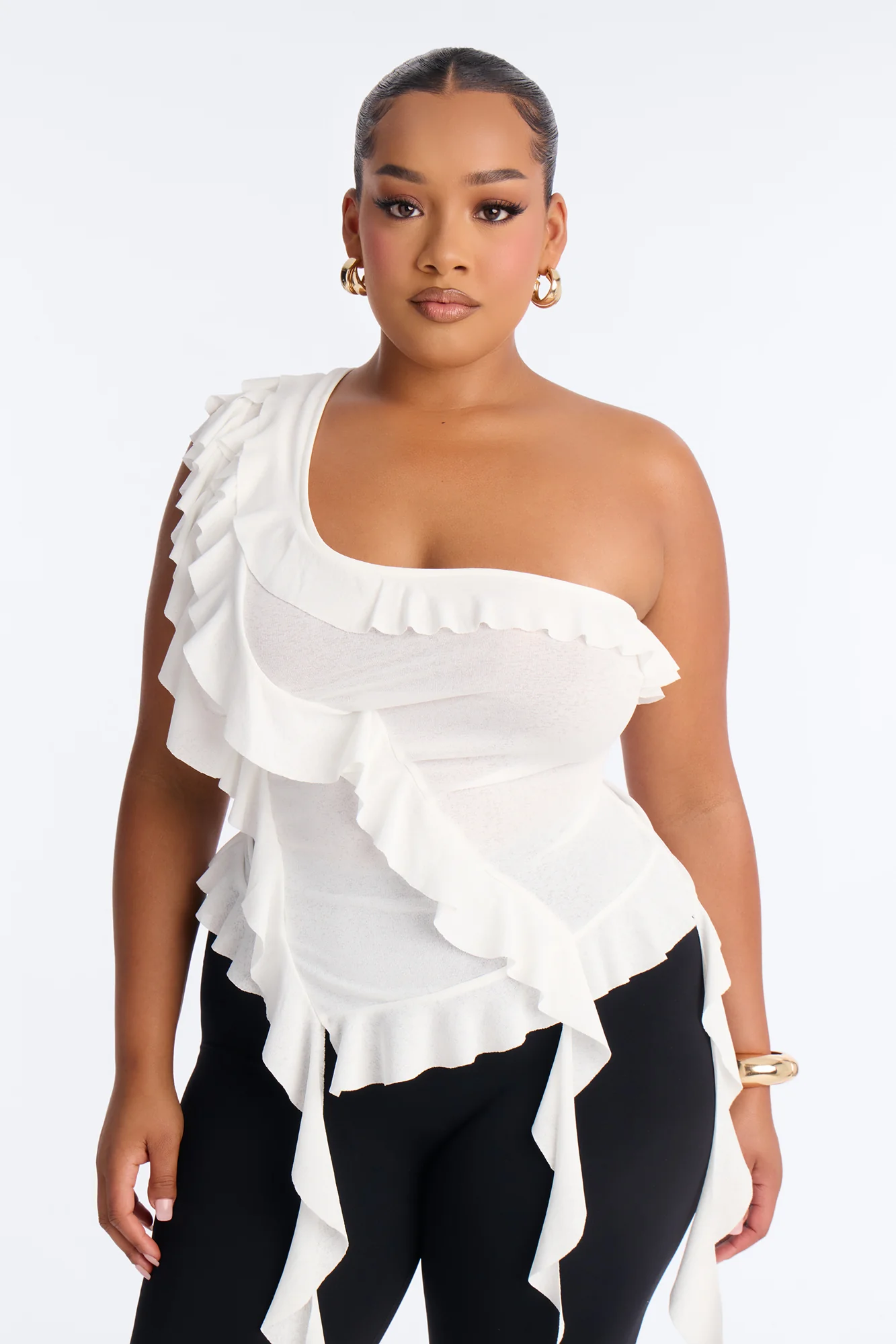 Sicily Ruffle One Shoulder Textured Top - White - Image 5