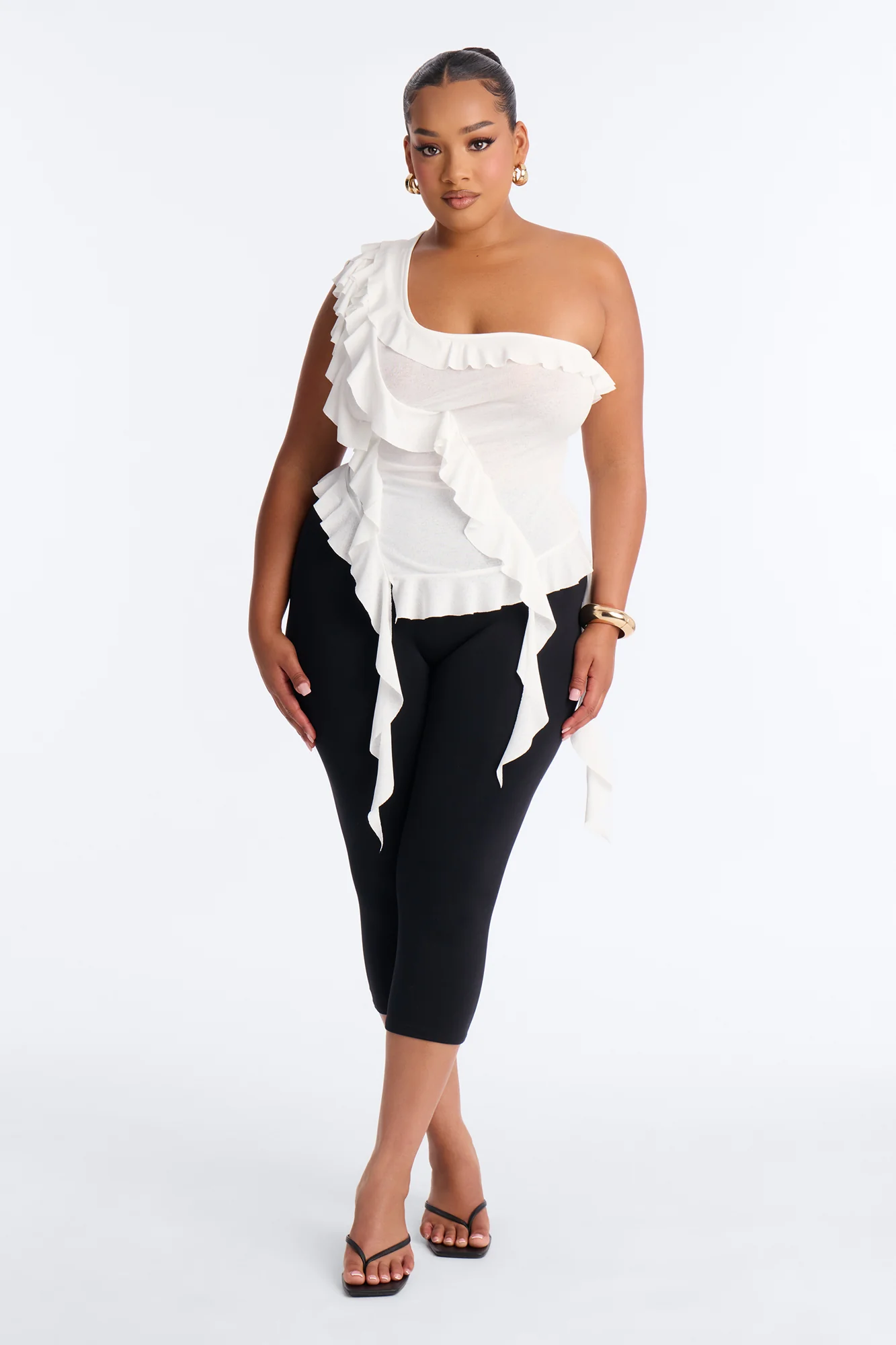 Sicily Ruffle One Shoulder Textured Top - White - Image 6