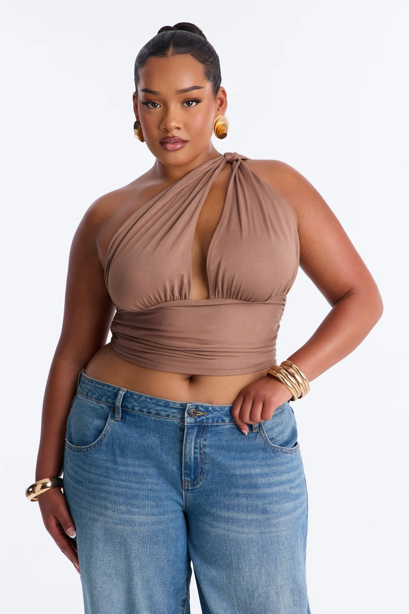 Side Attraction One Shoulder Ruched Top - Mocha - Image 4