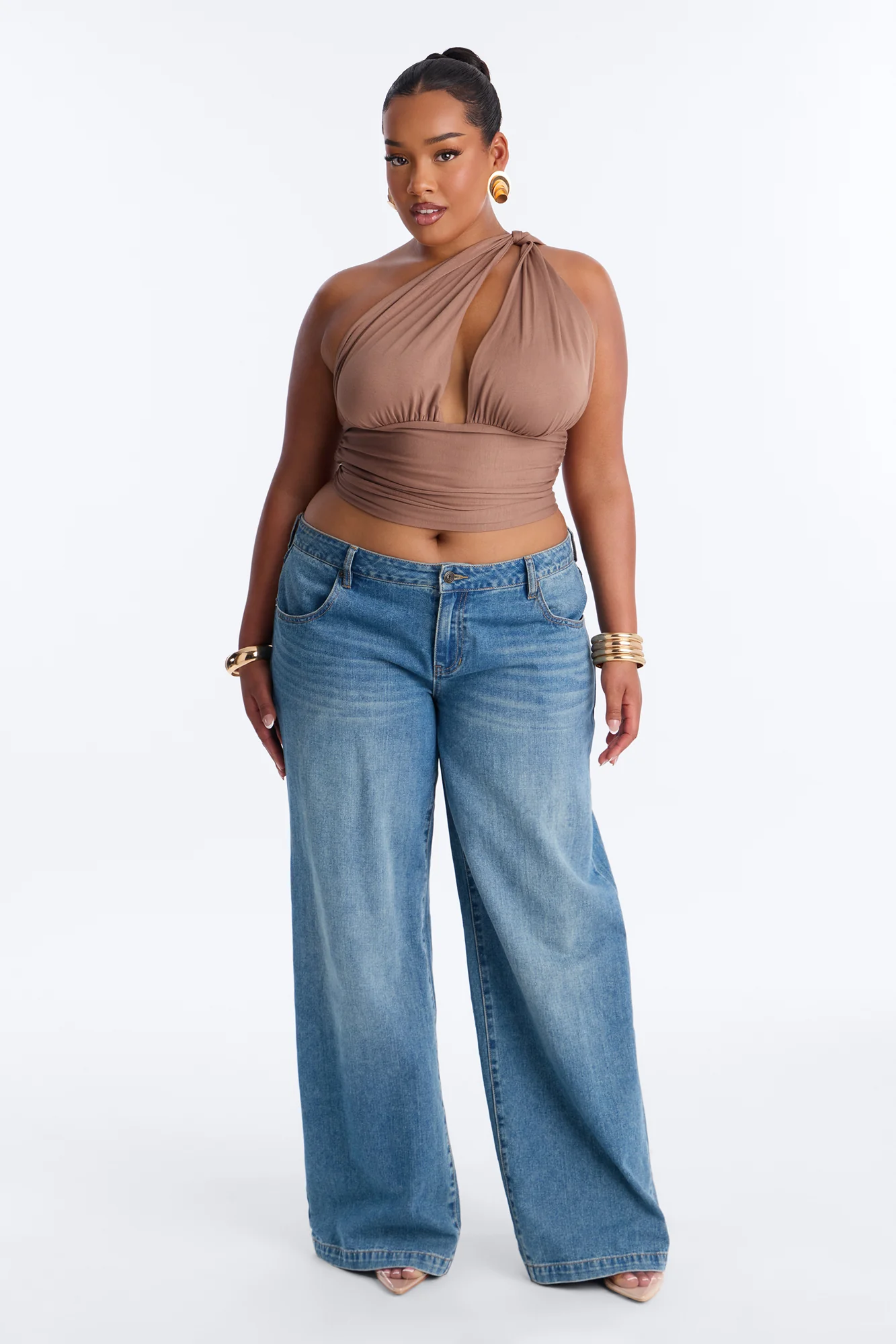 Side Attraction One Shoulder Ruched Top - Mocha - Image 5