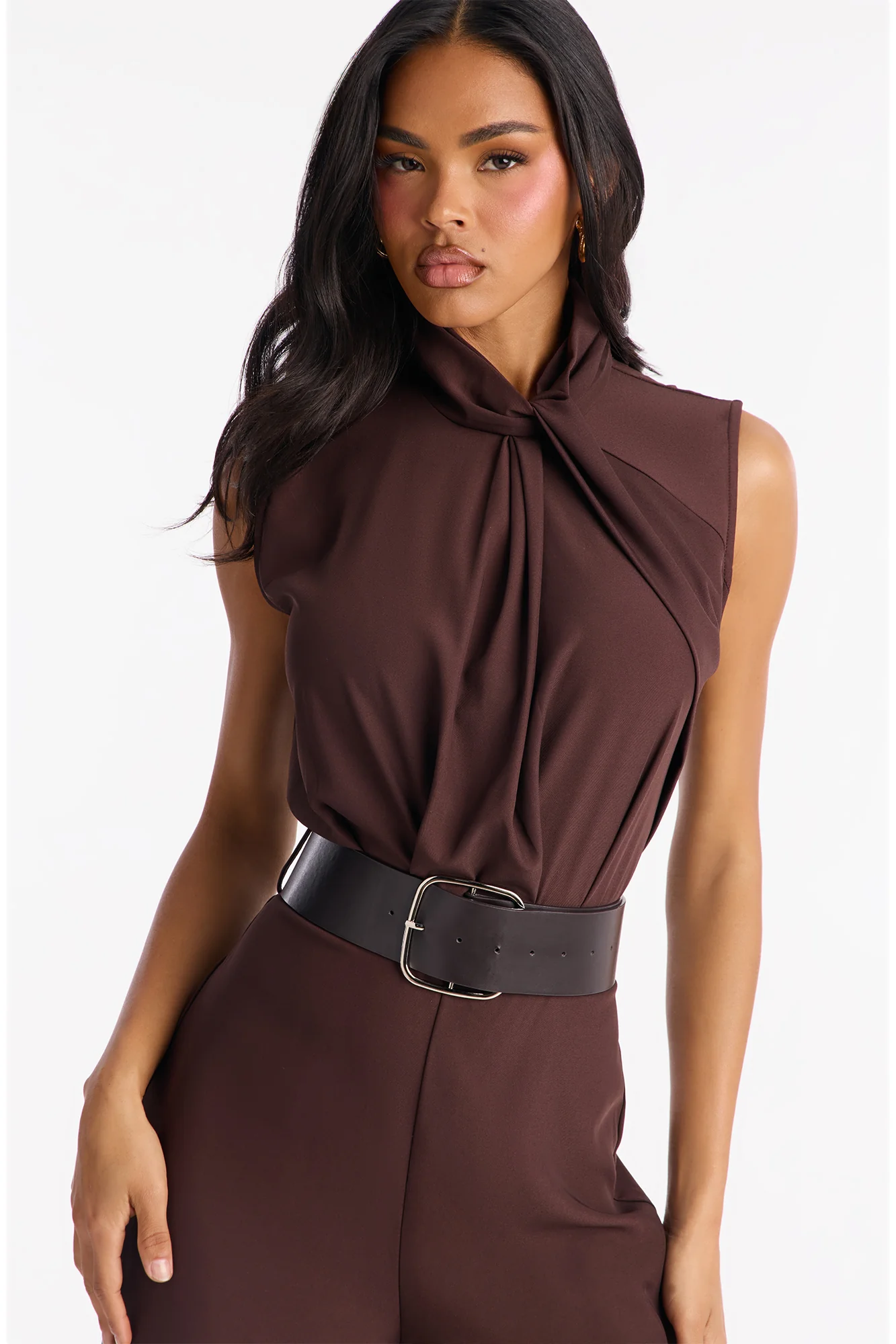 Sienna Belted Wide Leg Jumpsuit - Chocolate - Image 2