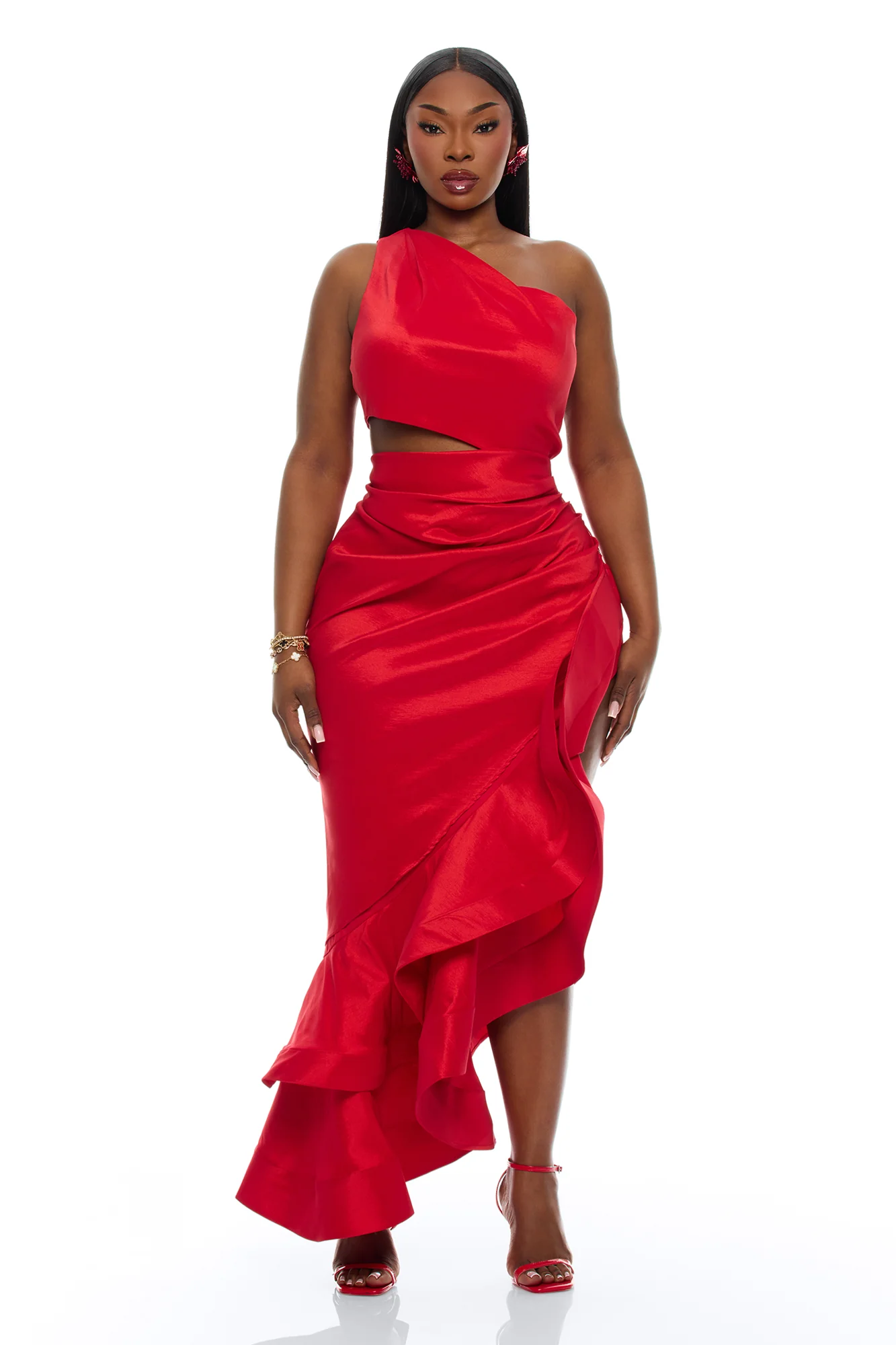 Sienna Ruffle Taffeta Maxi Dress - Red - Image 5