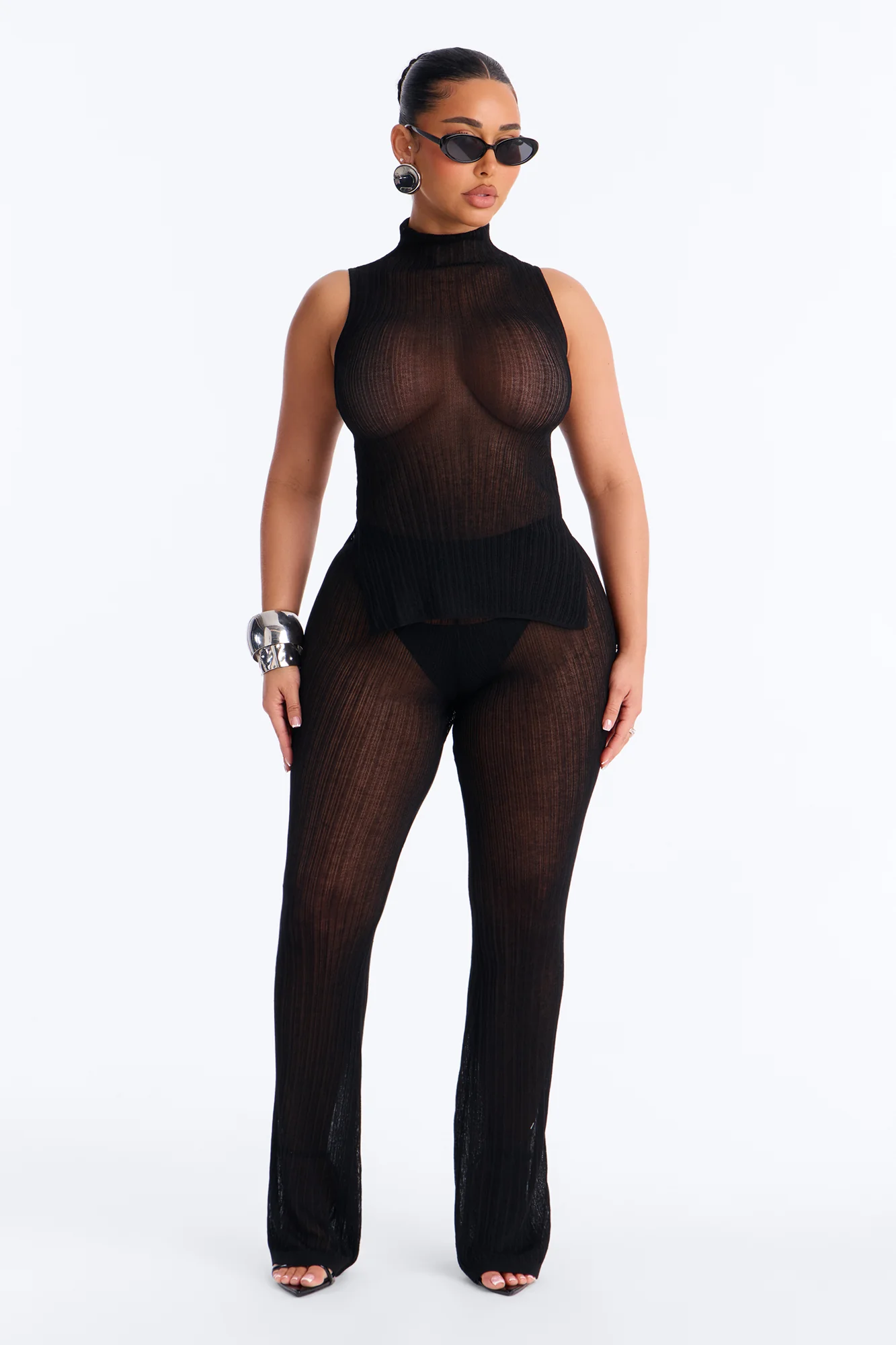 Sienna Sheer Knit High Neck Top - Black - Image 2