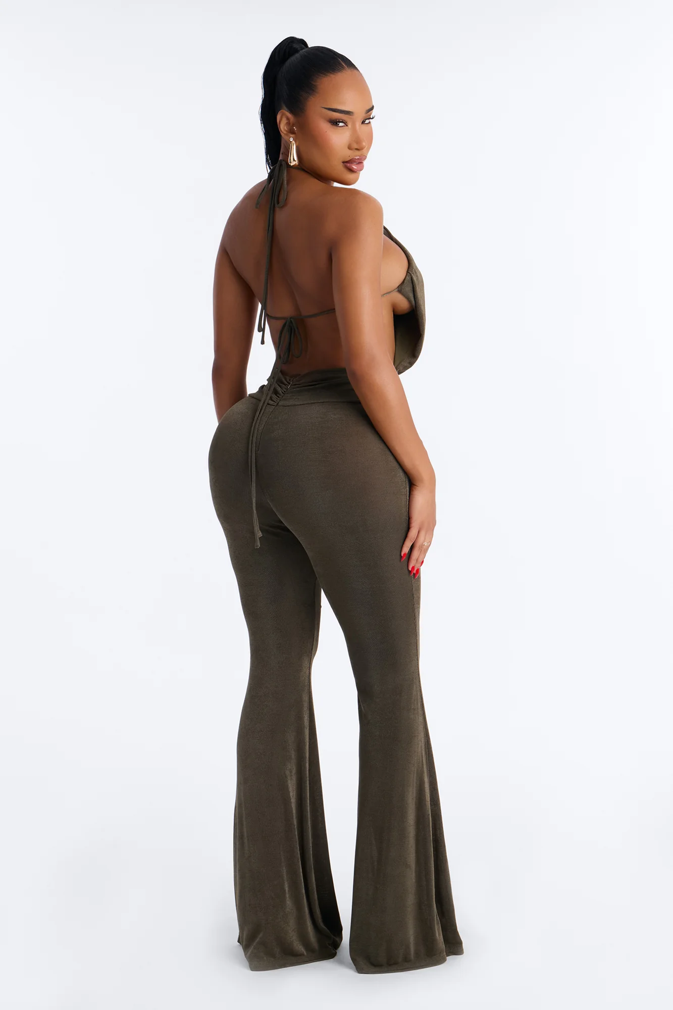 Sienna Slinky Backless Halter Jumpsuit - Olive - Image 4