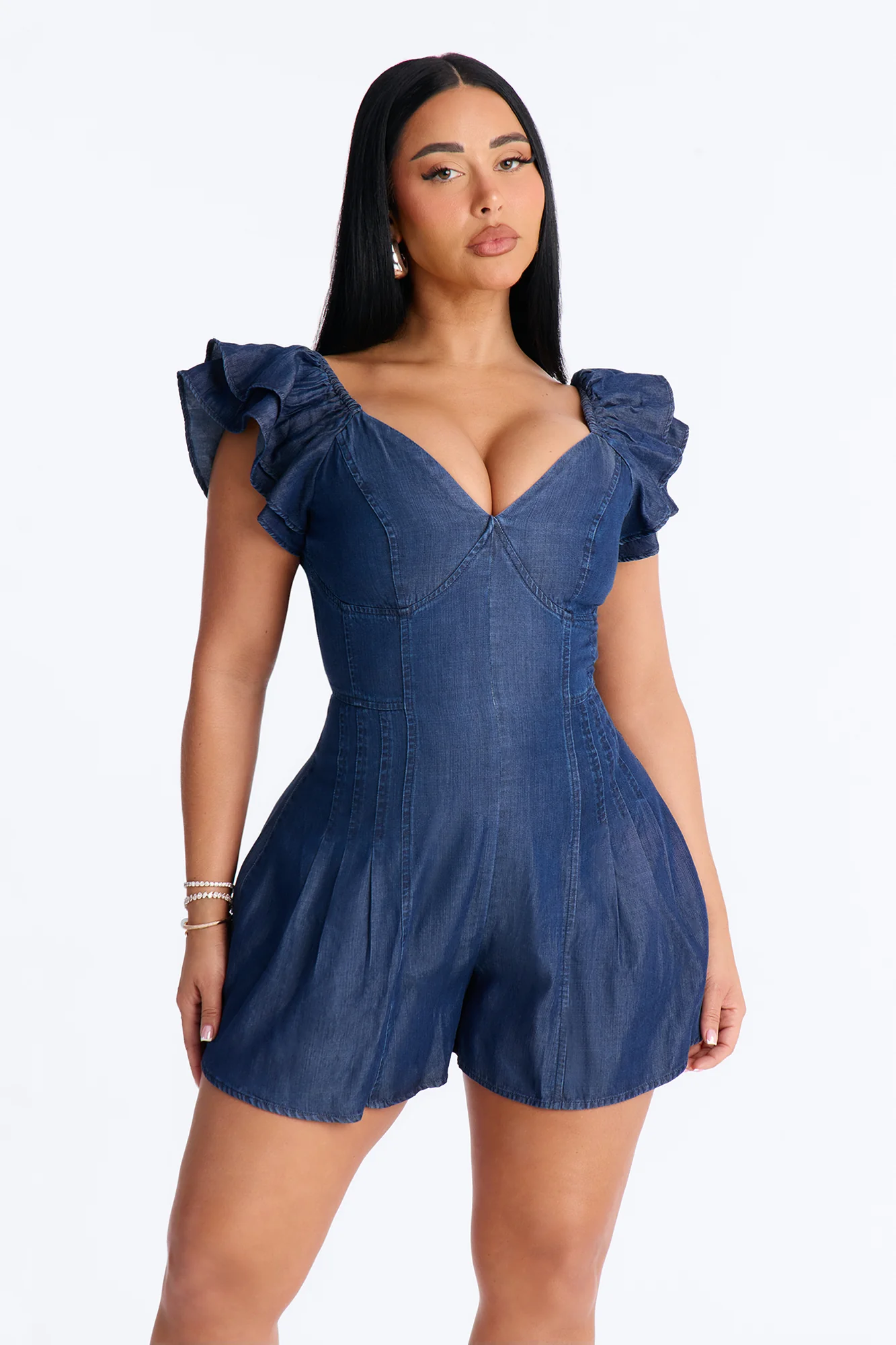 Sienna Sweetheart Short Sleeve Romper - Denim