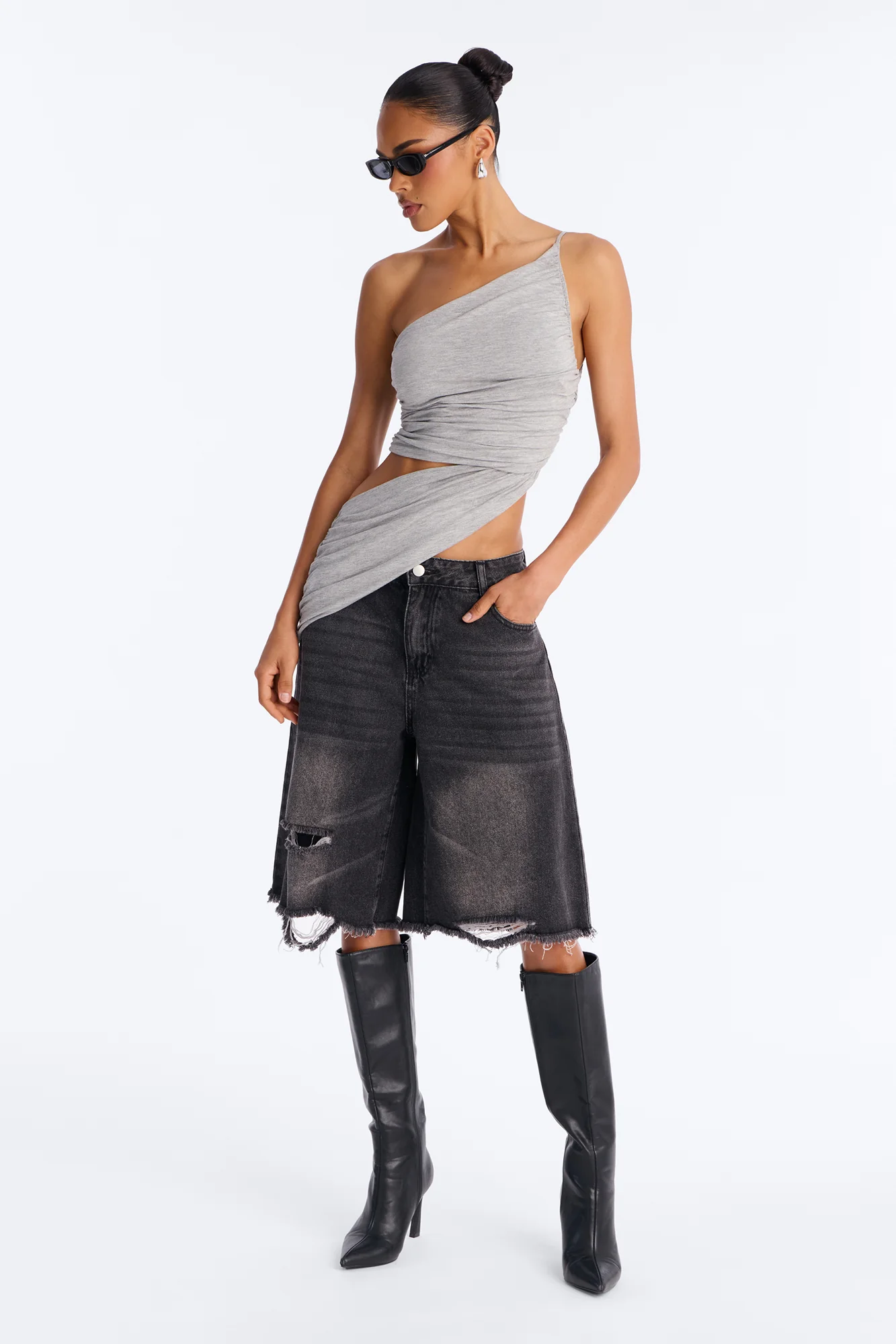 Sierra Ruched One Shoulder Drape Top - Heather Grey - Image 2
