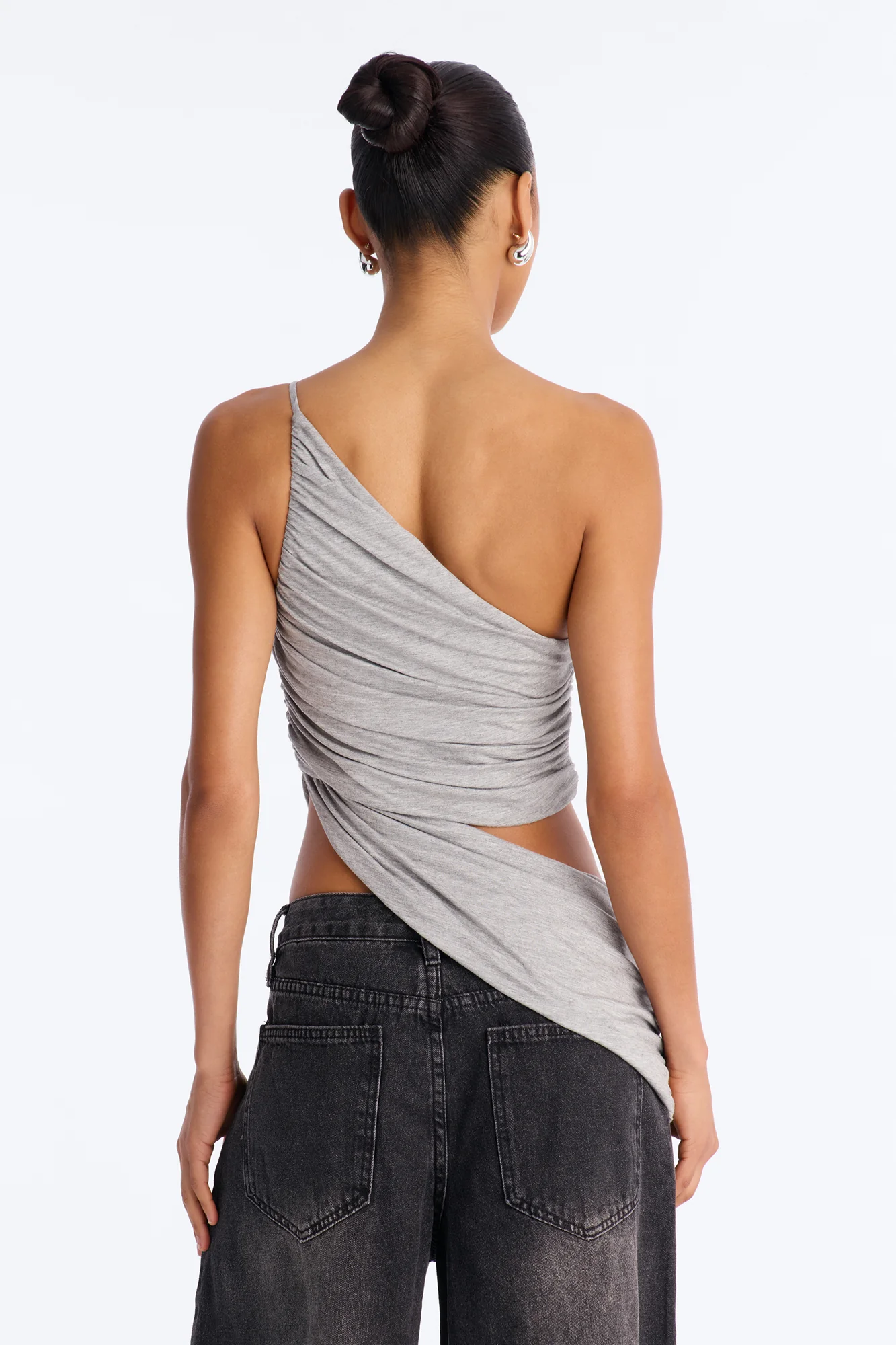Sierra Ruched One Shoulder Drape Top - Heather Grey - Image 3