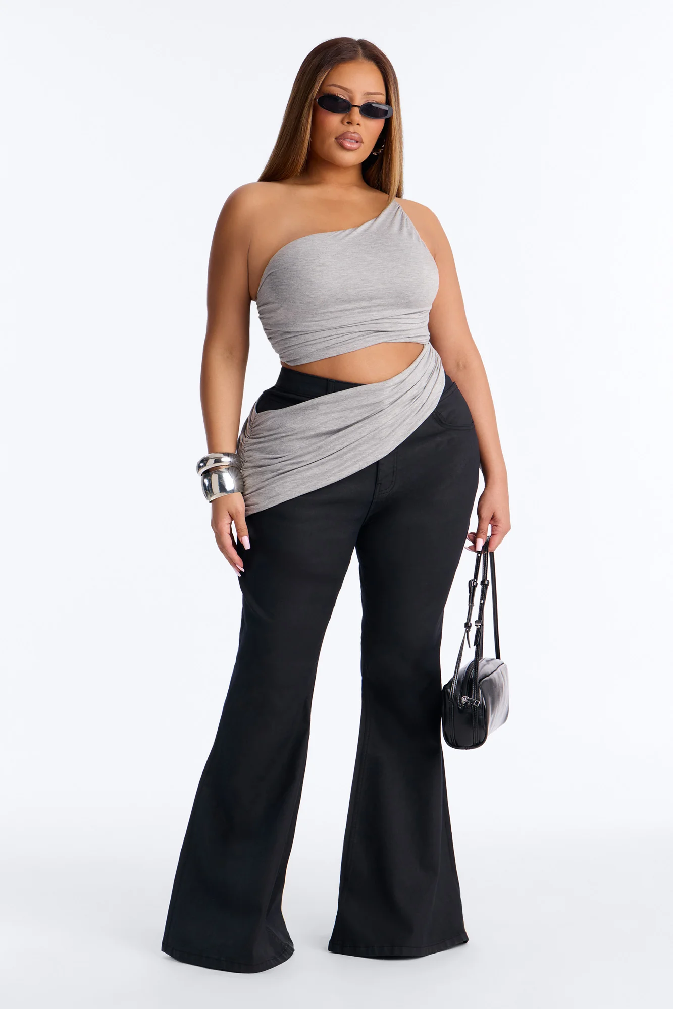 Sierra Ruched One Shoulder Drape Top - Heather Grey - Image 5