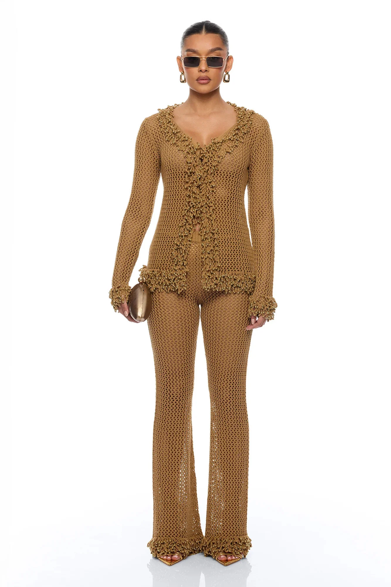 Siesta Crochet Cardigan Pant Set - Brown