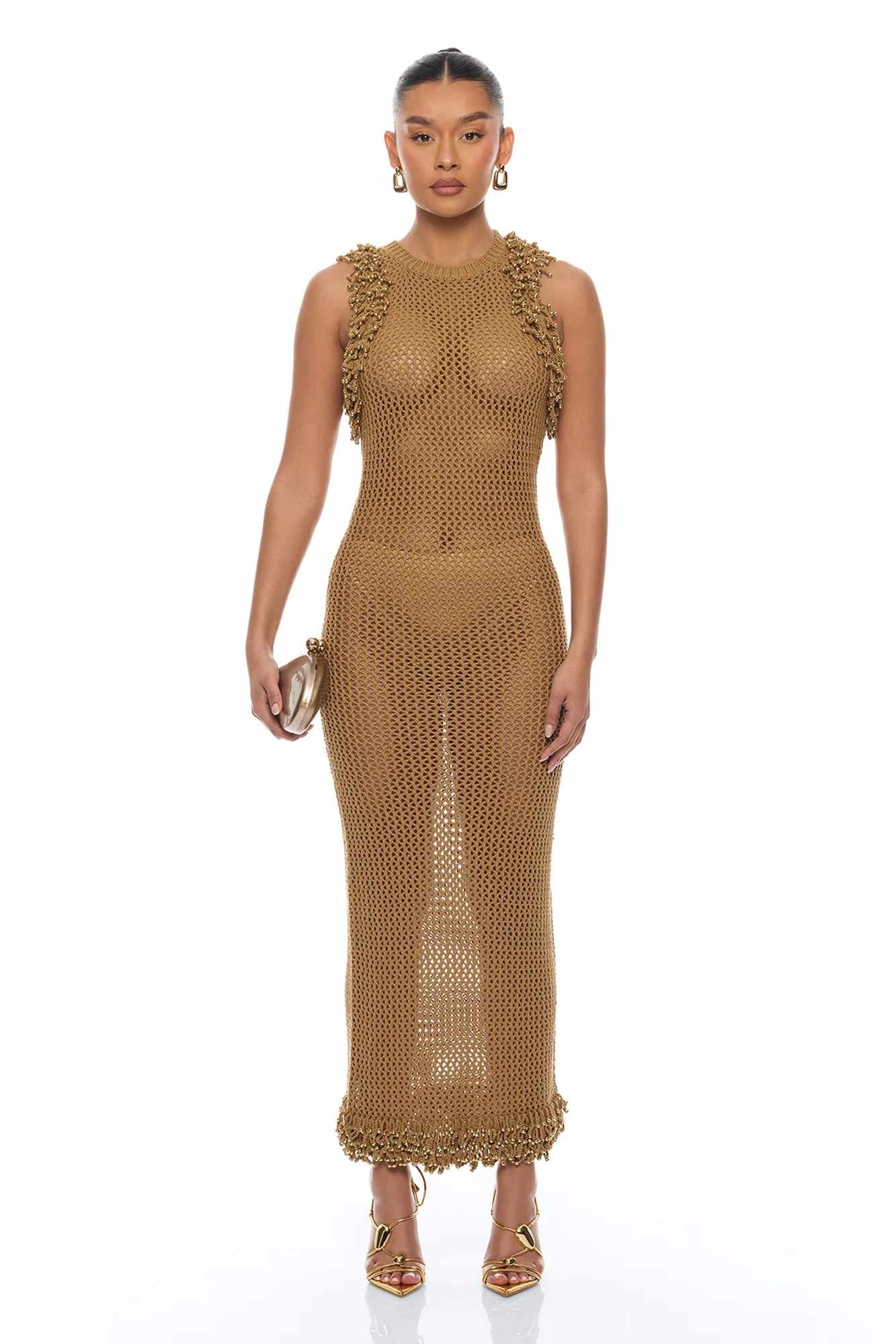 Siesta Fringe Crochet Maxi Dress - Brown